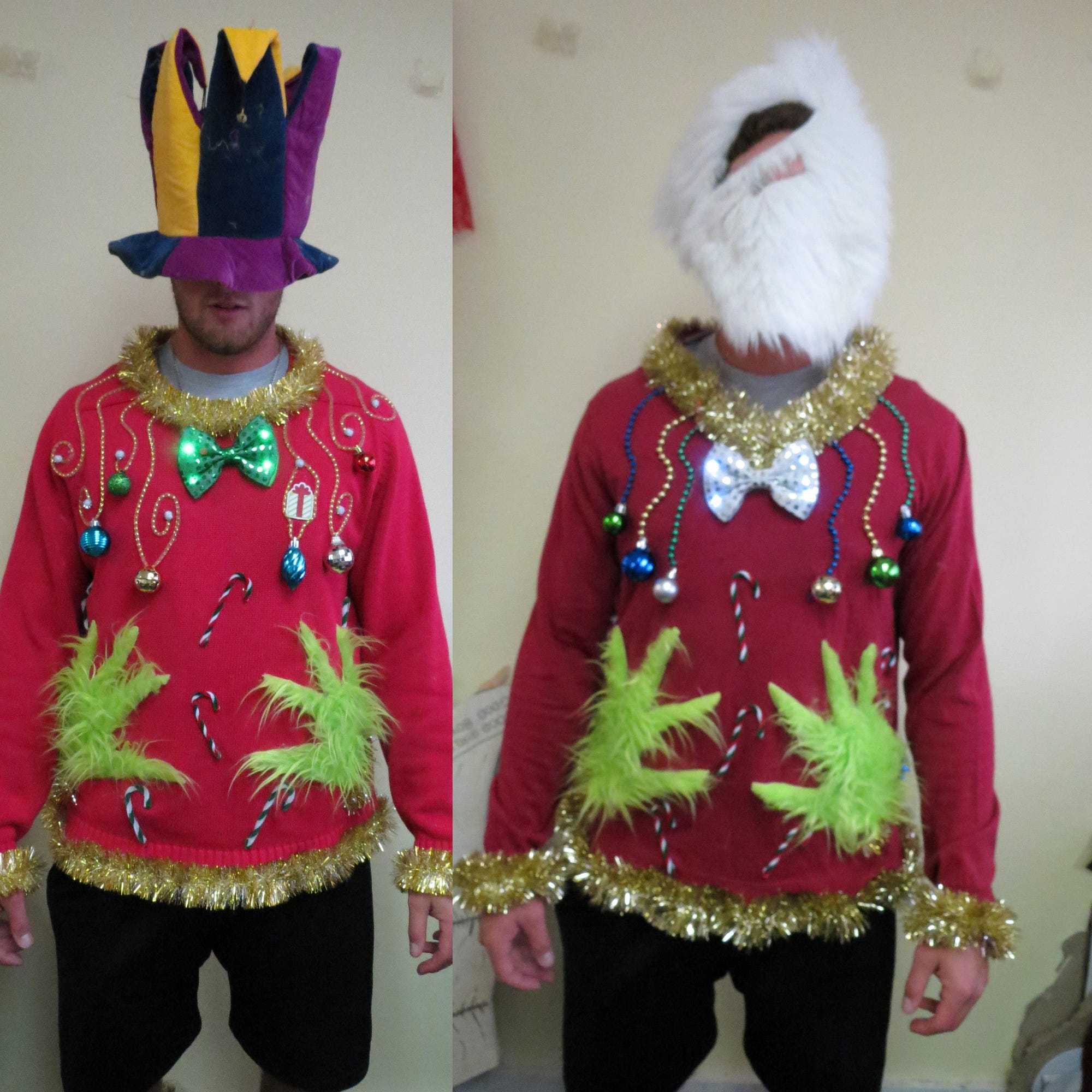 Custom Made Fuzzy Furry hands Tacky Ugly Christmas Sweater Garland Trim, Men’s or Womens, Funny Christmas Sweater