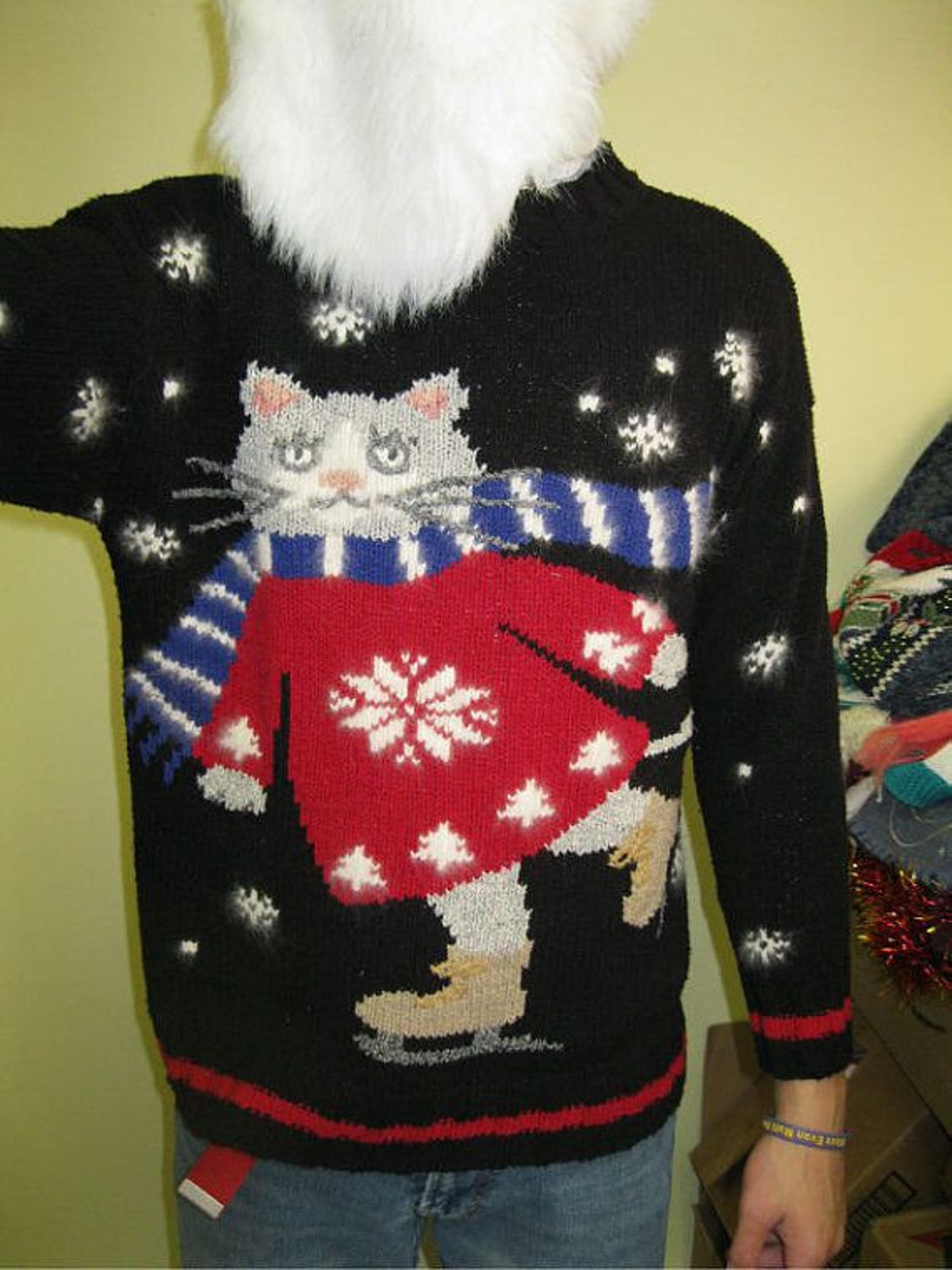 Vintage Cat Tacky Ugly Christmas Sweater Famous Skating Cat Hand Knit, Size Small, Wal-mart Advertisement sweater