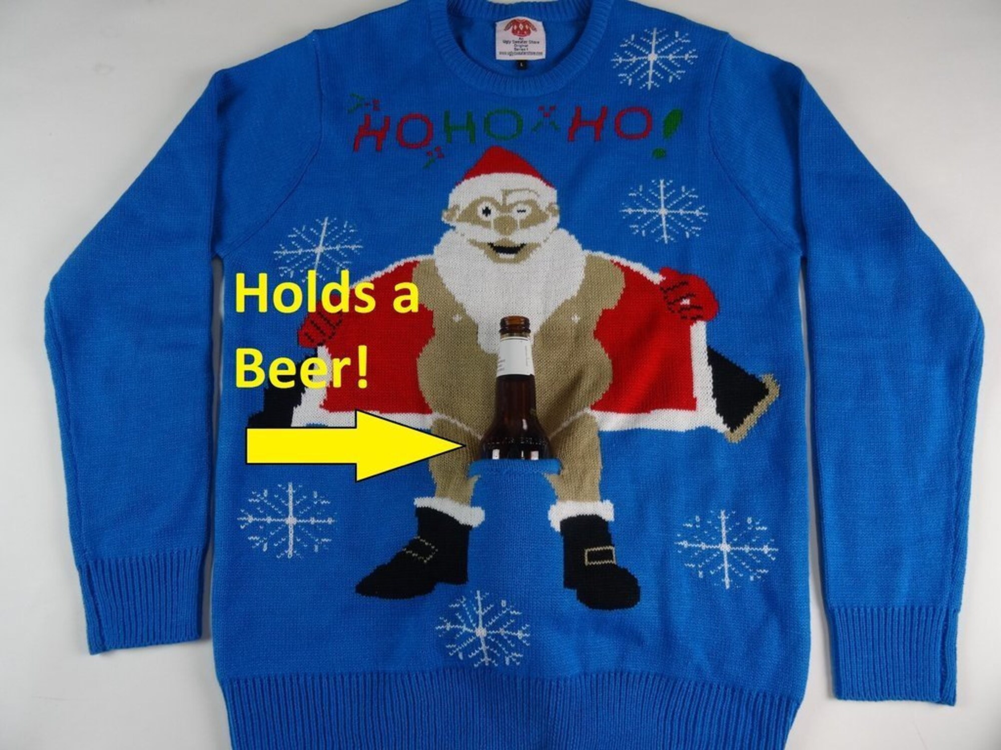 Ugly Christmas Sweater Holds a Beer Santa Flashing