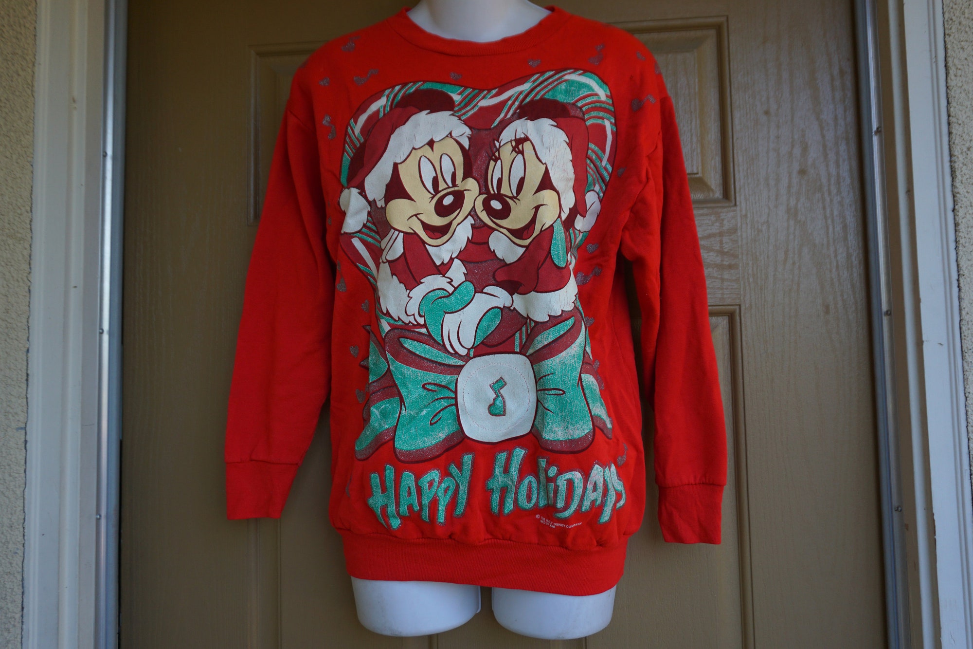 Mickey and Minnie Mouse Christmas sweater S Made in USA Happy Holidays Walt Disney Co
