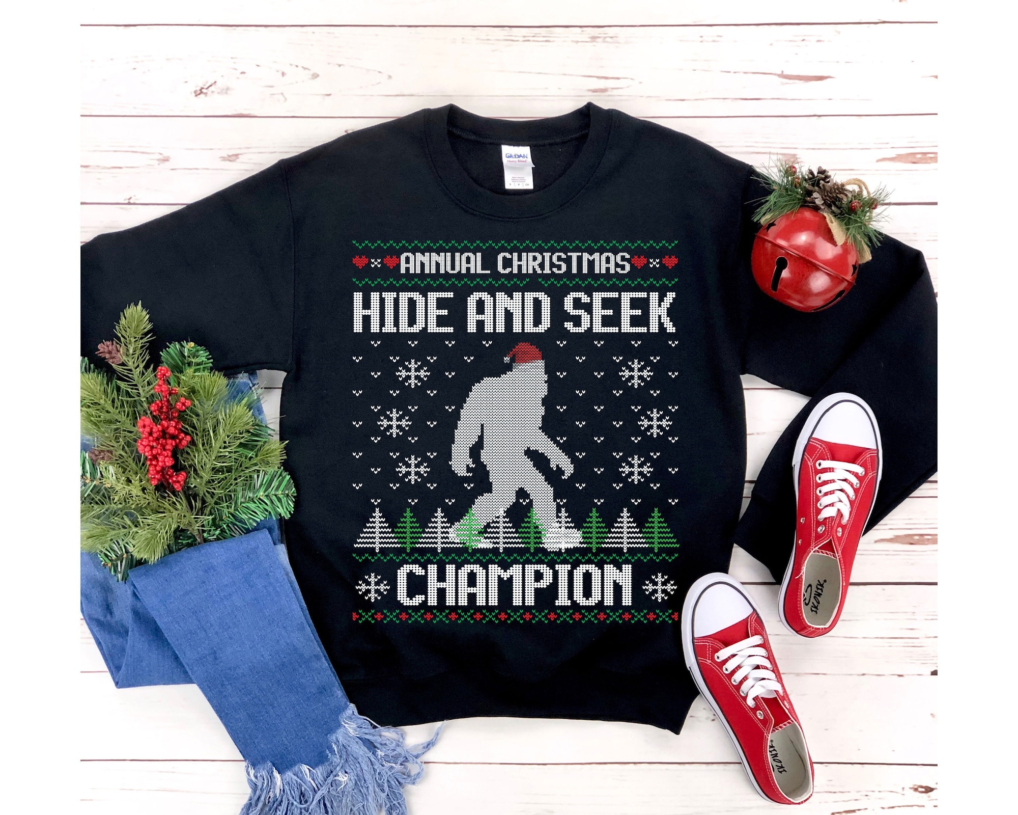 Funny Ugly Christmas Sweater For Man Santa Hat Sasquatch Shirt Bigfoot Hide And Seek Champion  Xmas Gift Present Unisex Heavy