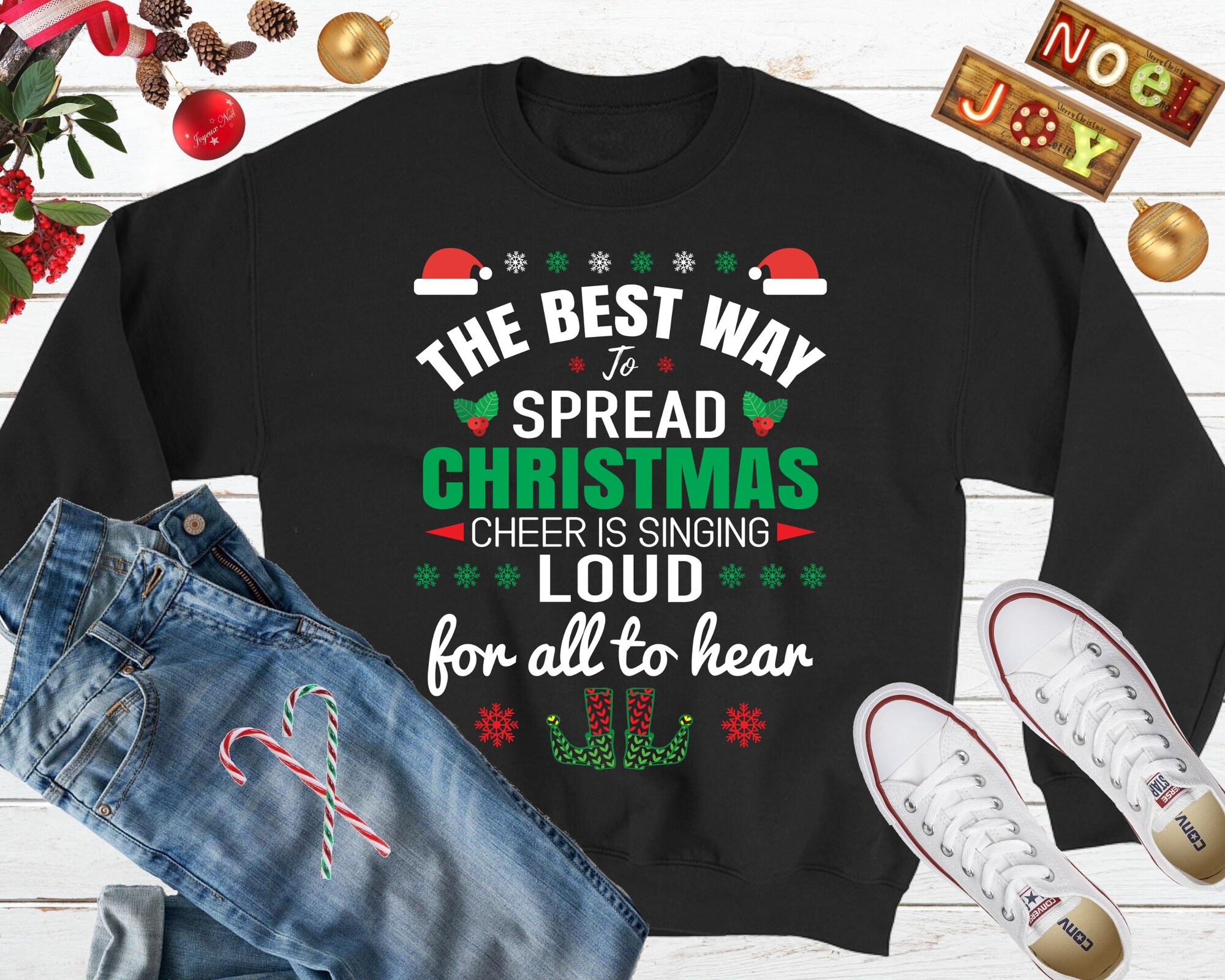 il_2000xN.2602837158_5xgv.jpg The Best Way To Spread Christmas Cheer Is Singing Loud For All To Hear Ugly Christmas Sweater, Elf Holiday Sweater, Elf Christmas Movie Tee