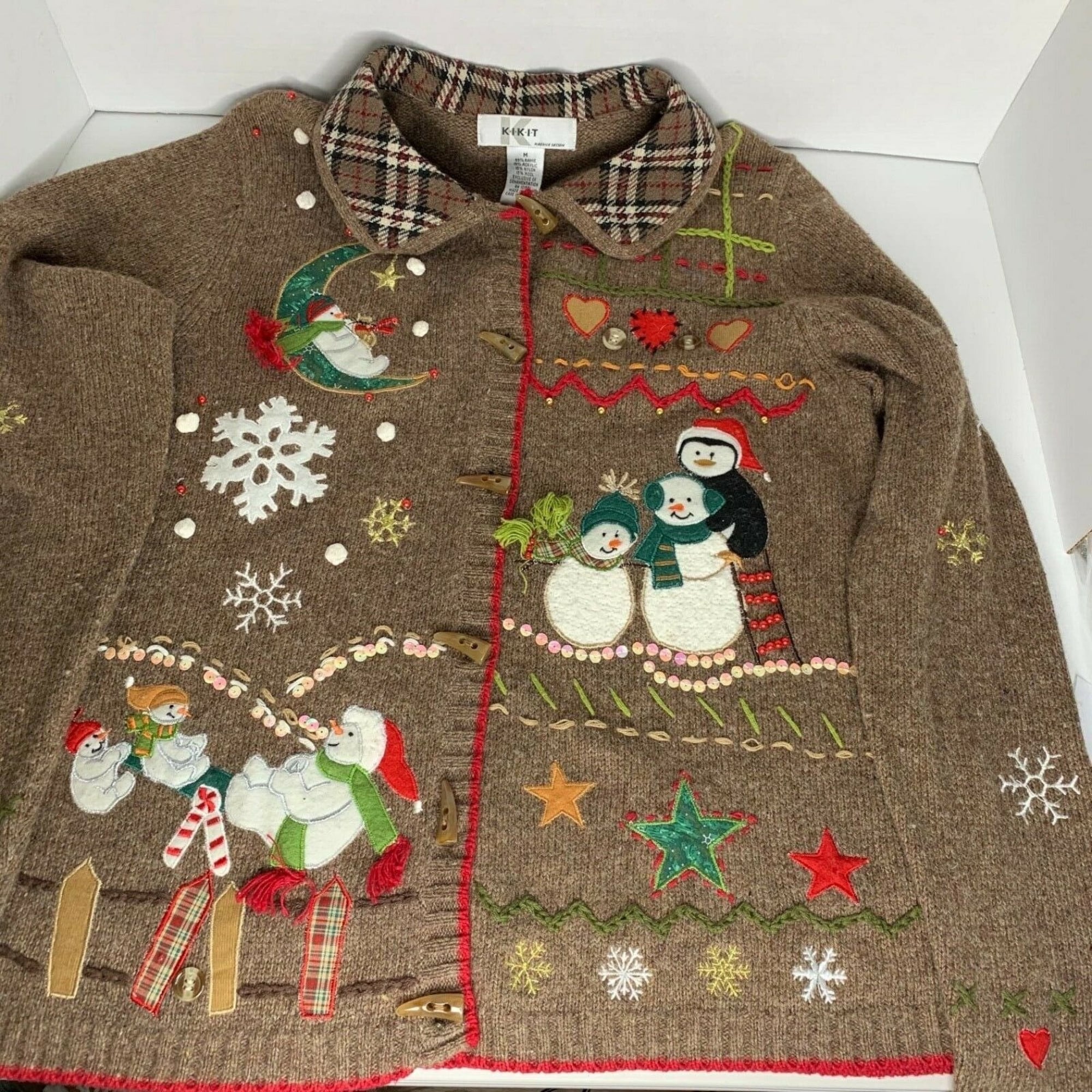 Vintage KIKIT Holiday Not Ugly Christmas Sweater Cardigan Snowmen Snowflakes M