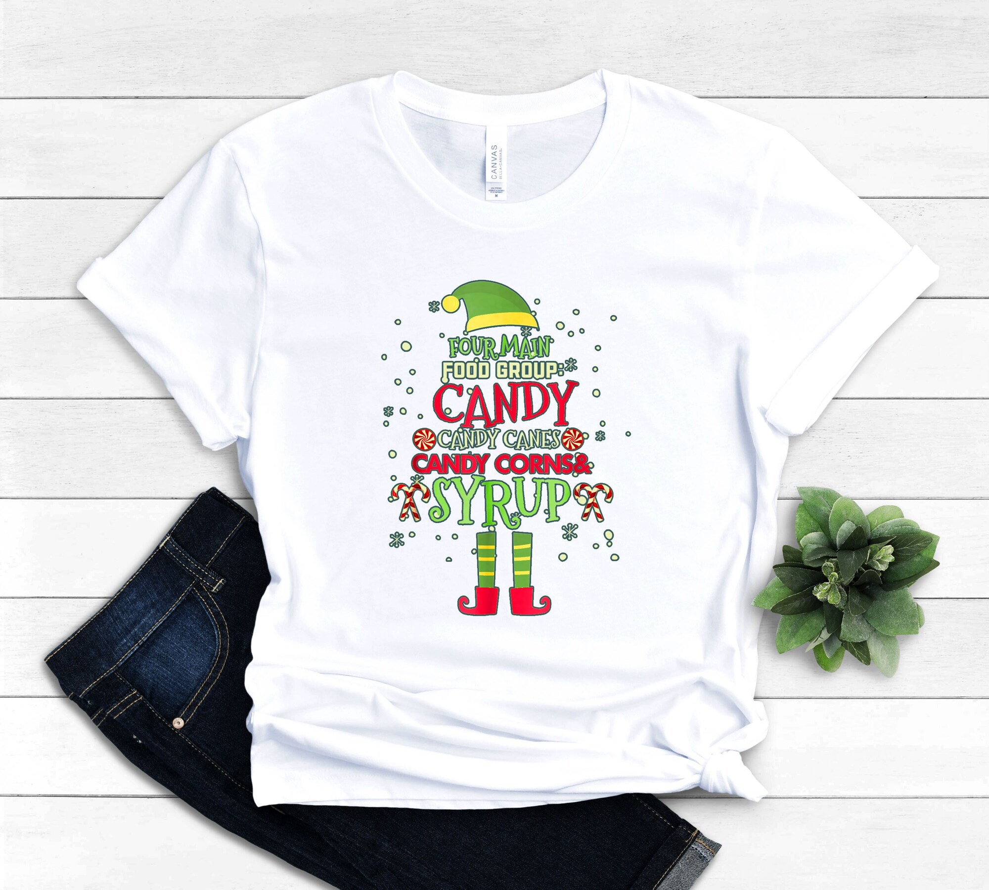 Funny Christmas Elf Shirt – Kids Christmas T-shirt – Four Main Food Groups Candy Canes Candy Corn And Syrup Tee – Happy Xmas Shirt
