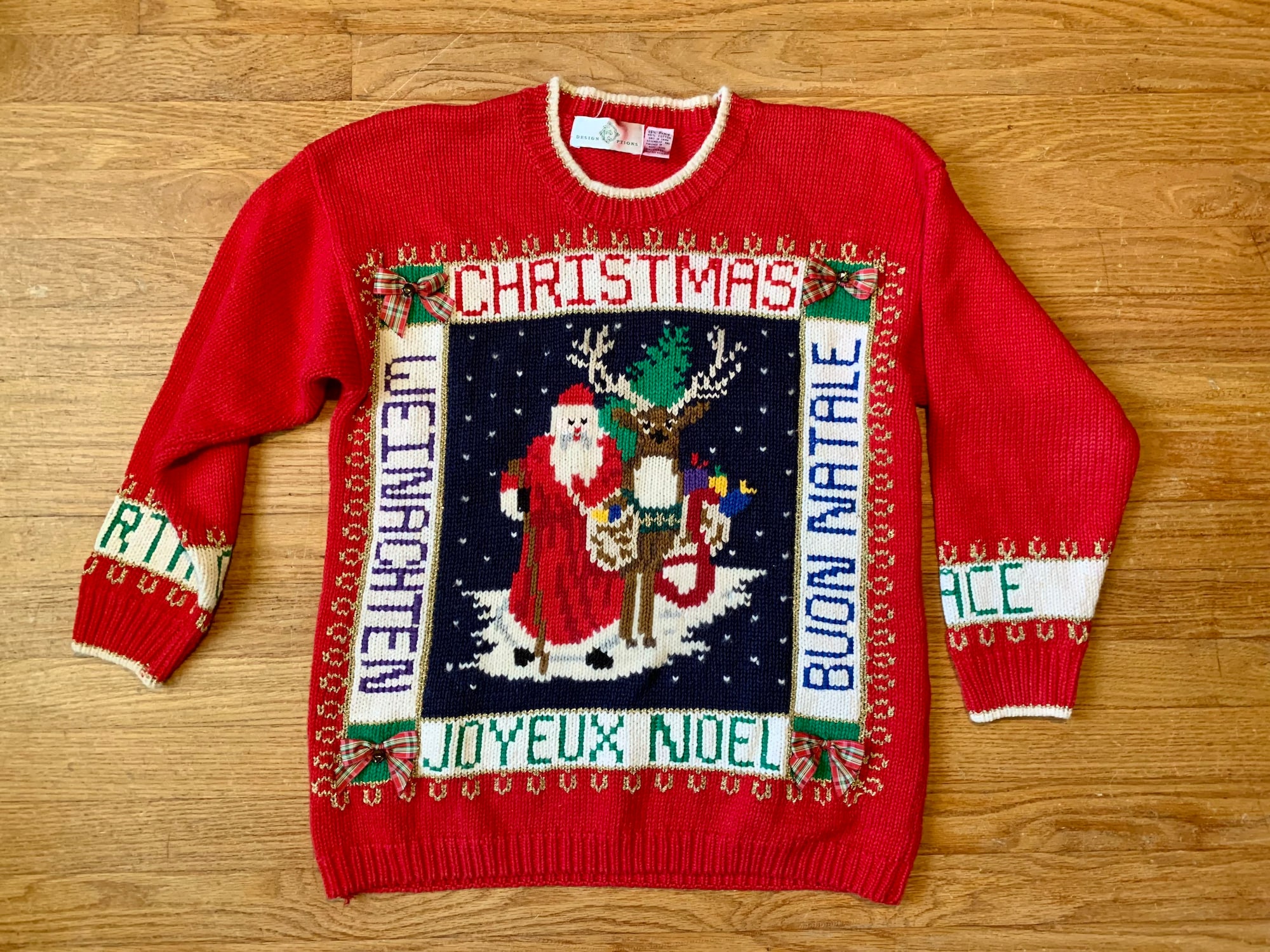 Vintage Red Ugly Christmas Sweater: Santa, Reindeer, Bells (Small)