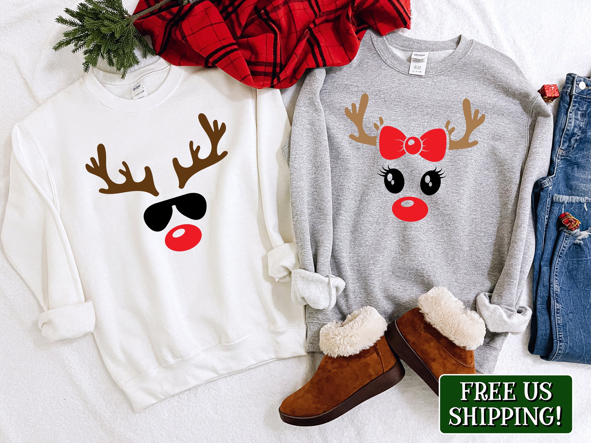 Funny Reindeer Couples Christmas Sweatshirts: Matching Holiday Outfit