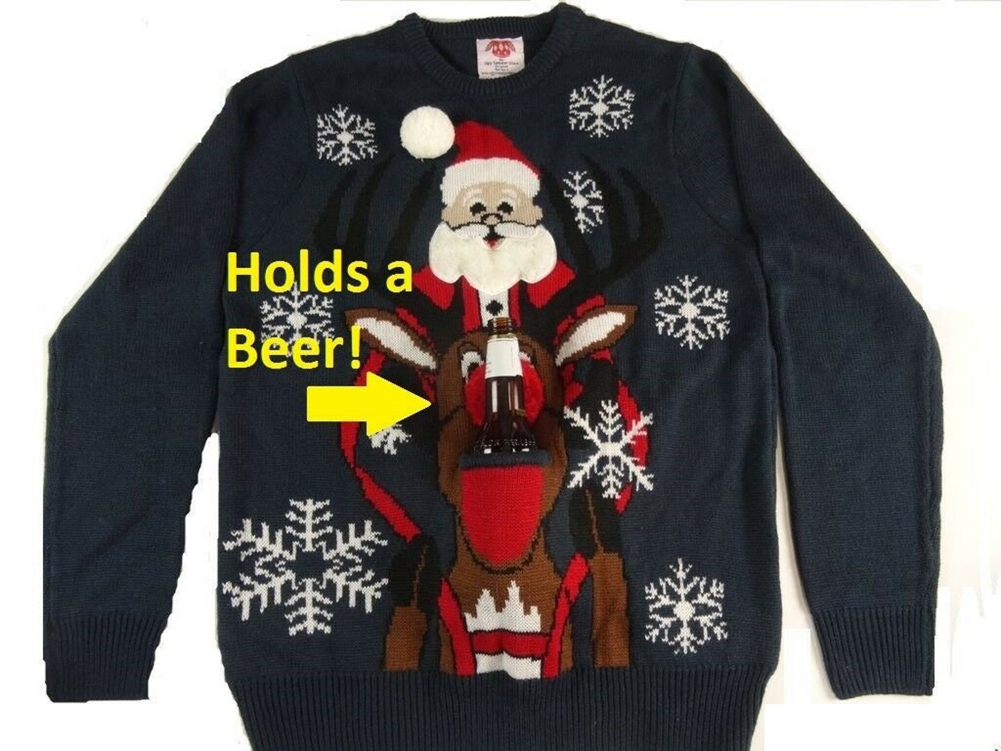 Ugly Christmas Sweater Holds a Beer Riding Reindeer