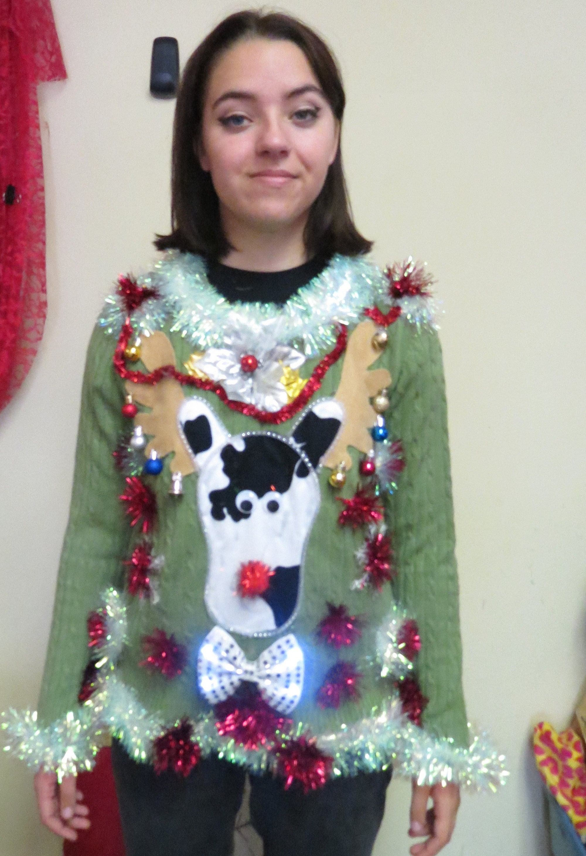 Homemade Funny 3-D Hysterical Cow Spotted Reindeer Tacky Ugly Christmas Sweater Wild Garland   Womens