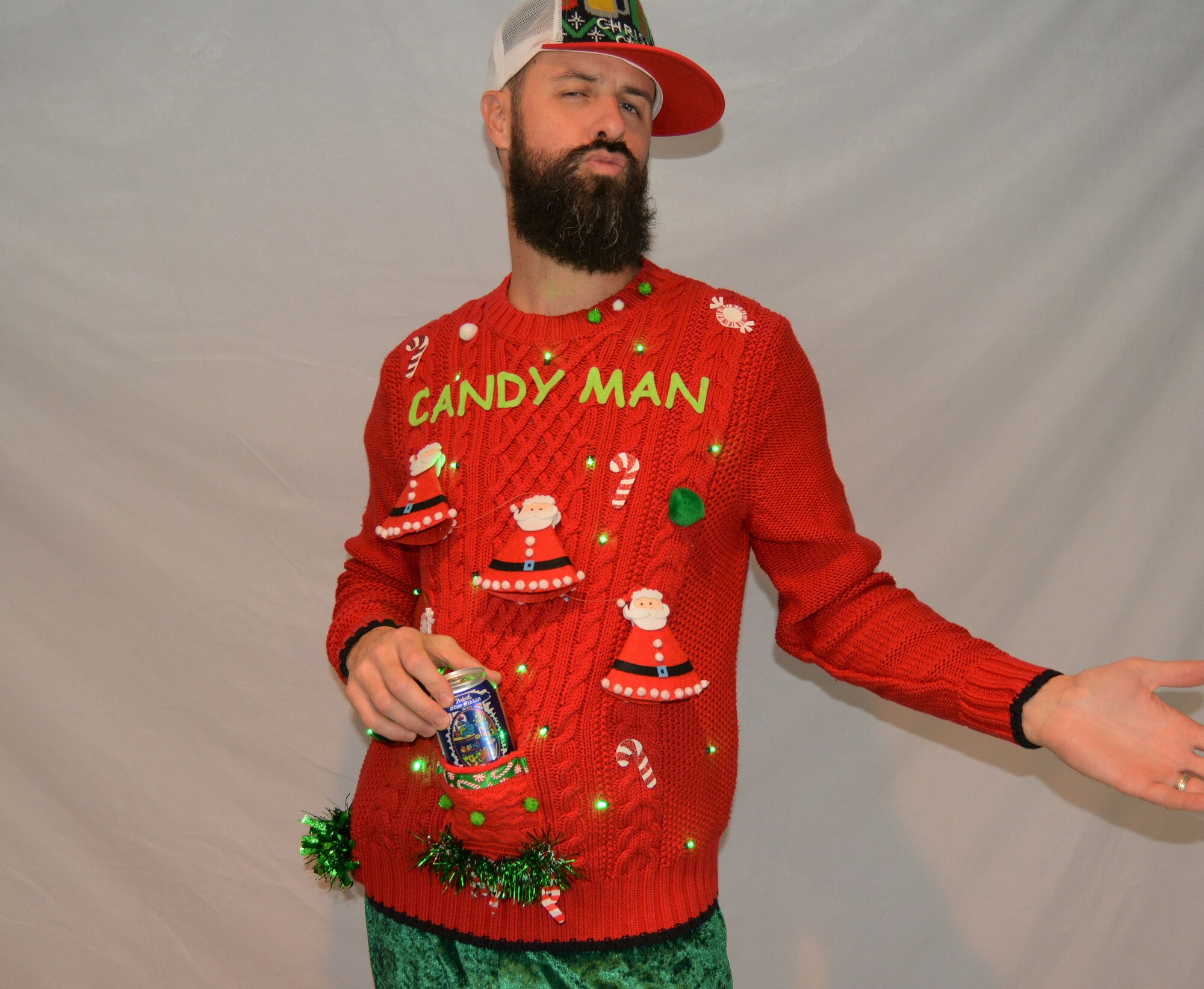 Large, Ugly Christmas sweater, Liquor or Beer holder, candyman, Party Sweater, light up, new years eve, alcohol, santa, party pocket