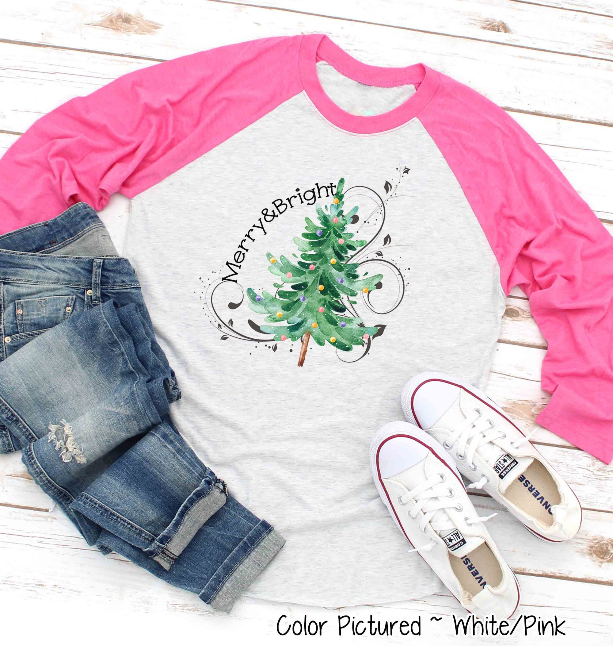 Merry and Bright Christmas Tree Shirt, Womens Christmas Shirt, Holiday Shirt for Her, Merry Christmas Family Matching Shirt, Raglan Tee