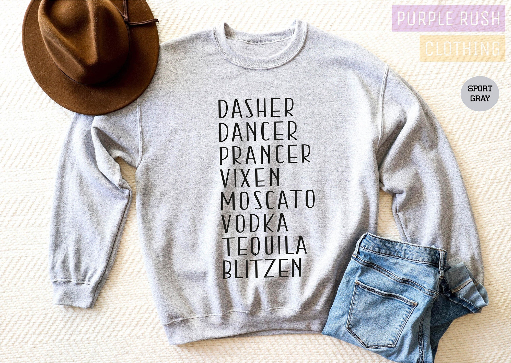 il_2000xN.3750780507_zcl8-1.jpg Drinking Christmas Sweatshirt, Christmas Sweatshirt, Funny Christmas Sweatshirt, Dasher Dancer Prancer Vixen Moscato Vodka Tequila Blitzen