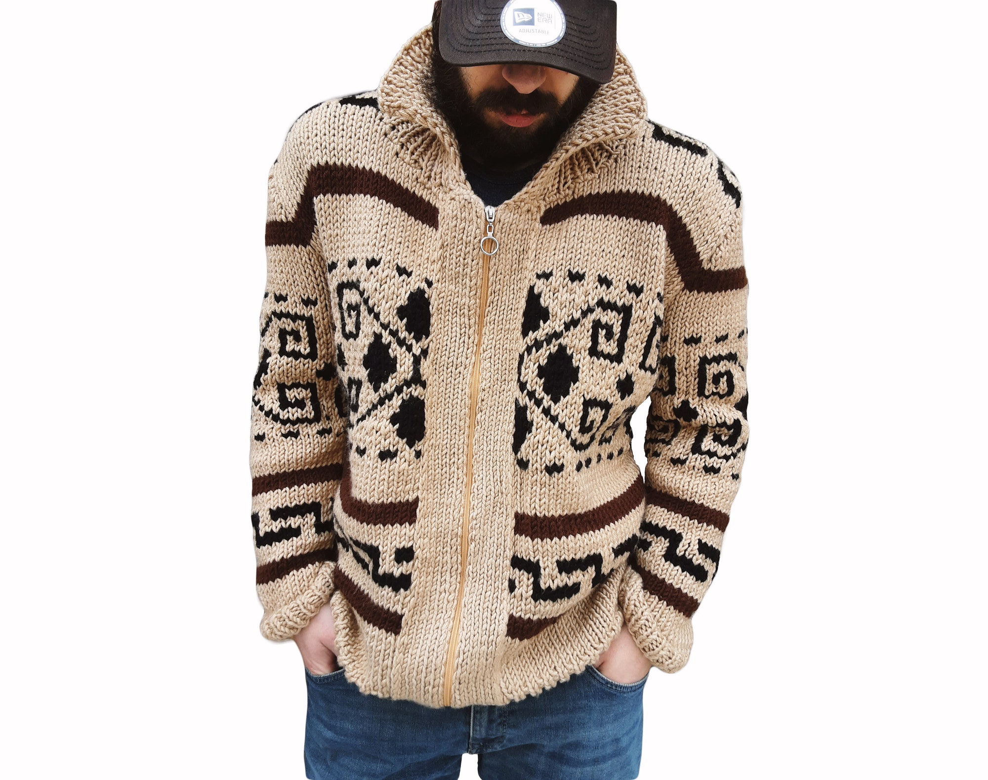 Big Lebowski Cardigan Dude style sweater hand knit wool men’s zip sweater