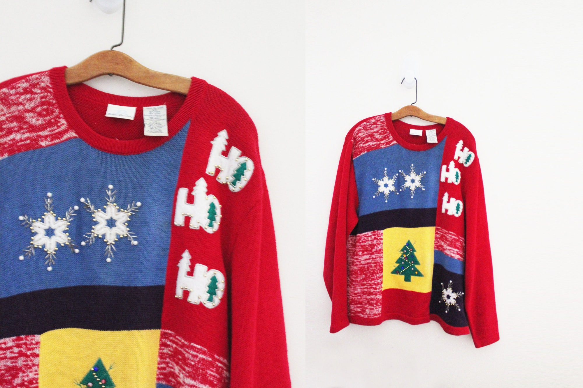 vintage 90s Bobbie Brooks Faux Patchwork Trees Ho Ho Ho Snowflakes Ugly Christmas Sweater Metallic Green Thread Novelty Jumper Size XL