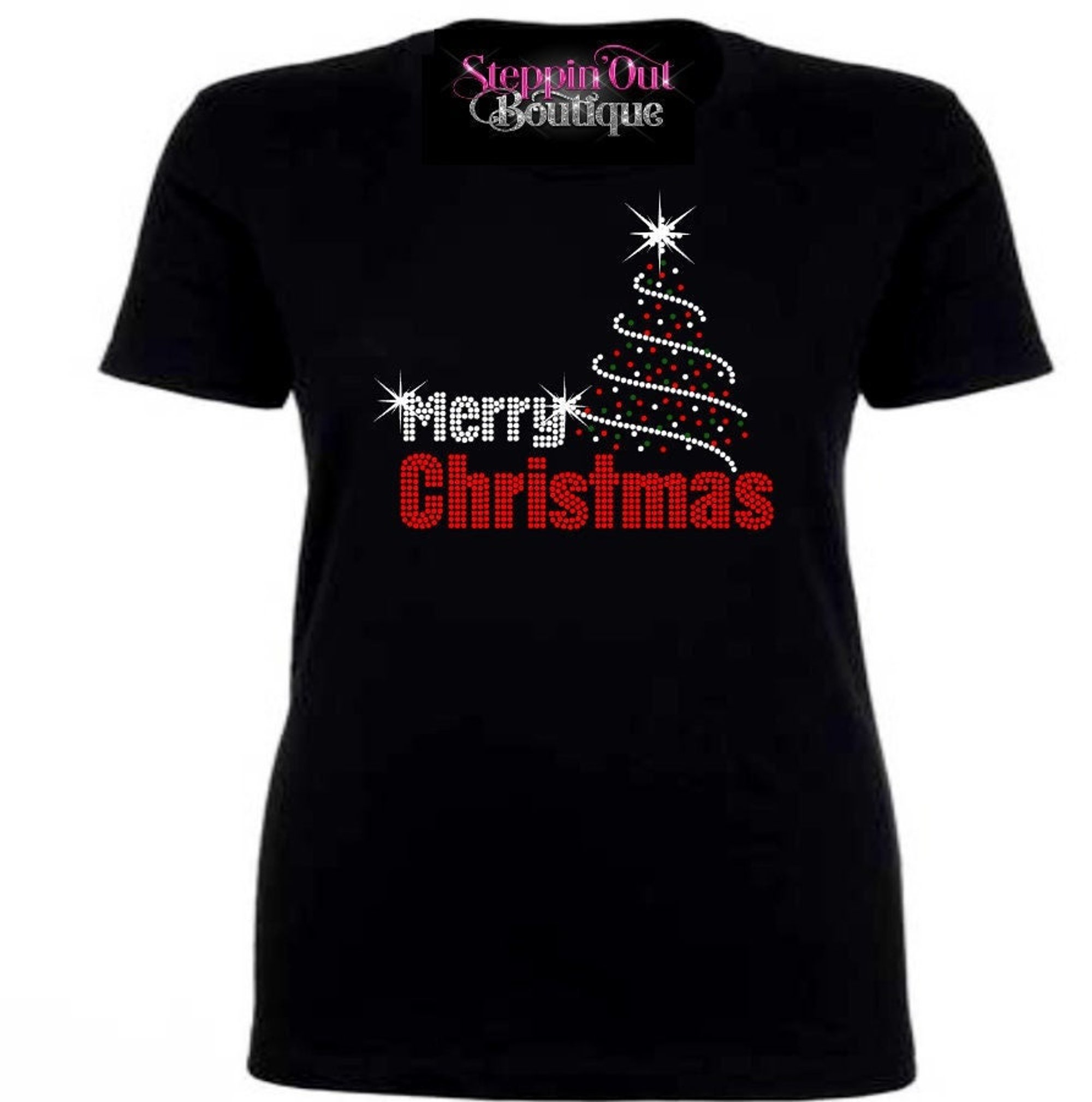 Merry Christmas Rhinestone Bling Shirt, Christmas Tree Bling Shirt, Christmas T Shirt, Womens Christmas Shirt, Holiday Tee