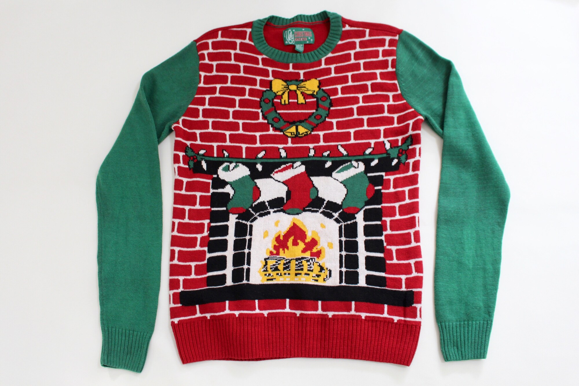 Fireplace!    Medium size  Vintage Ugly Christmas Sweater   Green/Red  #1020