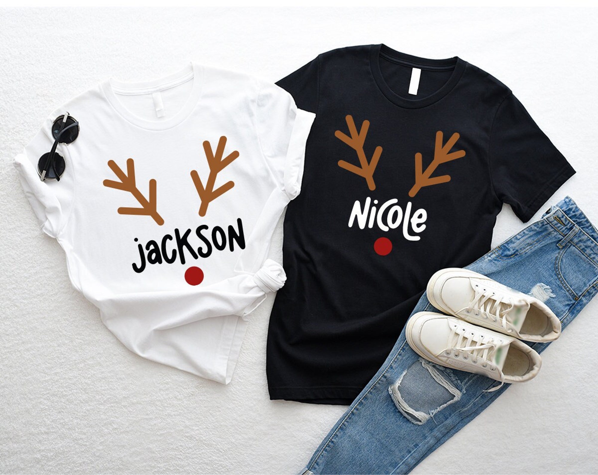 Matching Christmas Family Shirts, Cute Custom Name Reindeer Graphic Tees for Family, Funny Customizable Family Christmas Crewneck Shirts