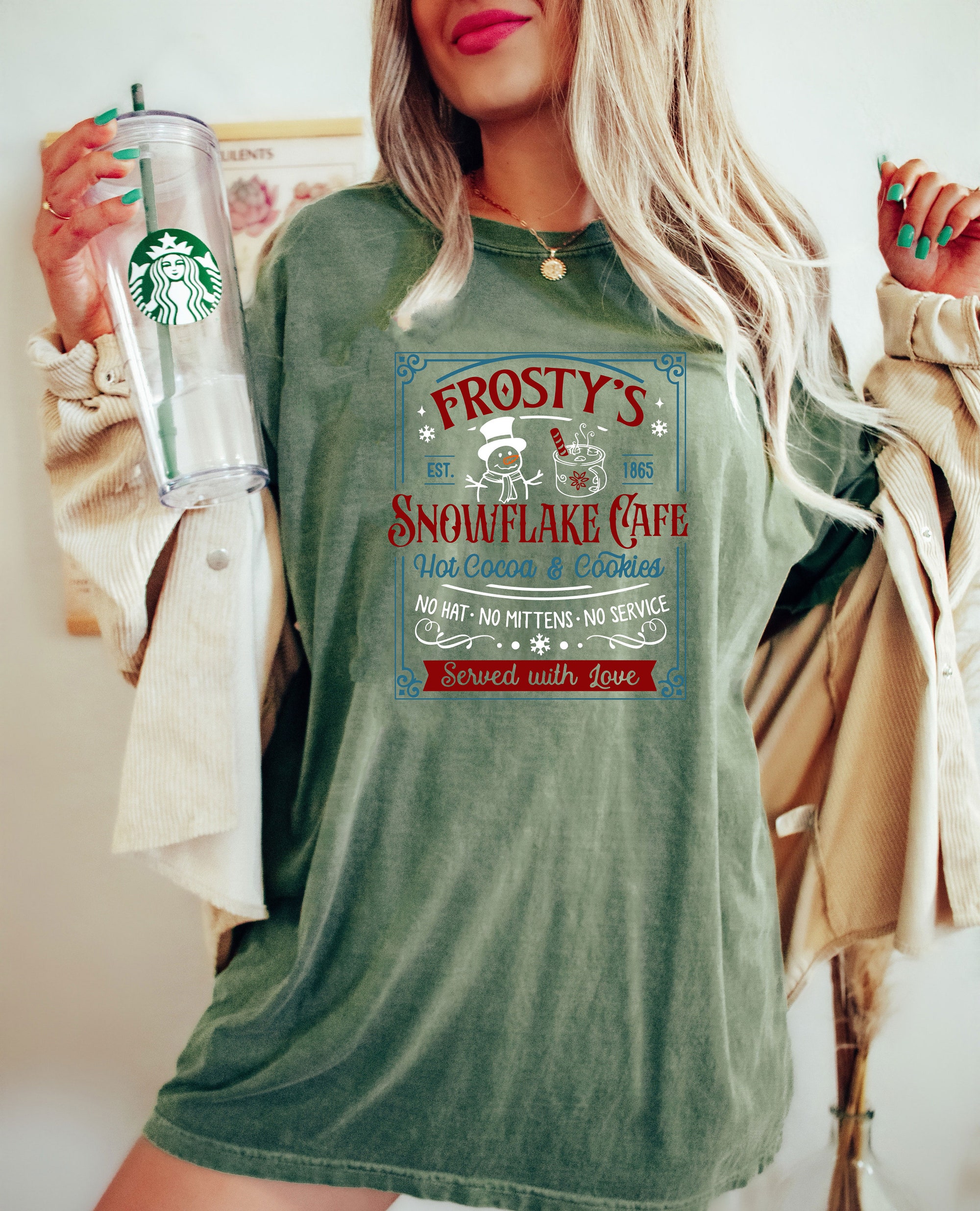 il_2000xN.4302069614_4xmi-1.jpg Comfort Colors® Frosty's Snowflake Cafe Shirt, Christmas Vibes Shirt, Cute Christmas Tee, Hot Cocoa and Cookies Shirt, Christmas Spirit Tee