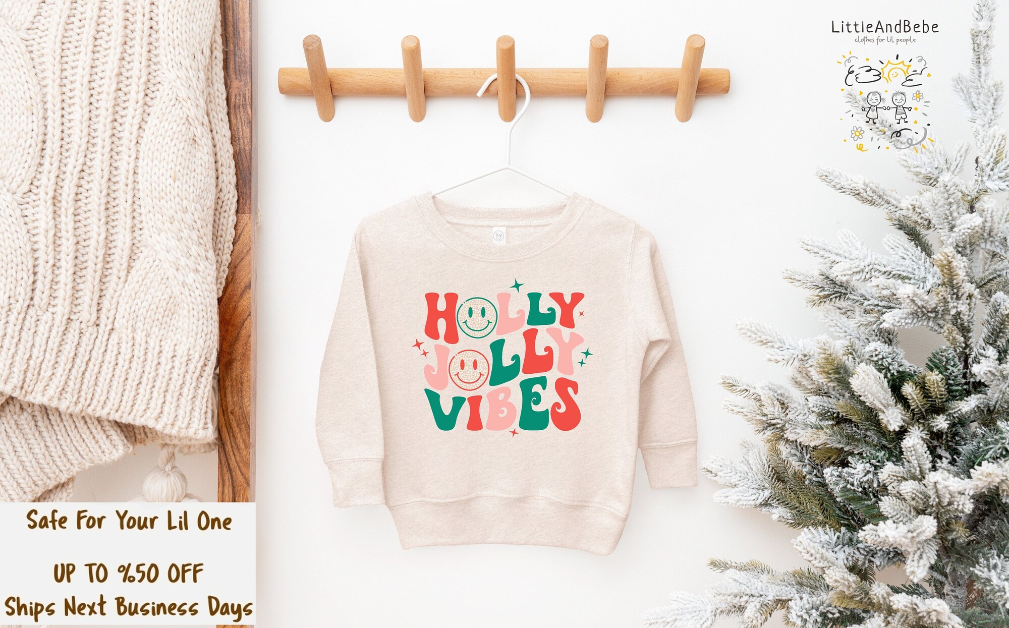 Christmas Sweatshirt For Kids, Holly Jolly Vibes Natural Boho Christmas Hoodie For Girls, Christmas Sweatshirt For Boys, Holly Jolly Hoodie
