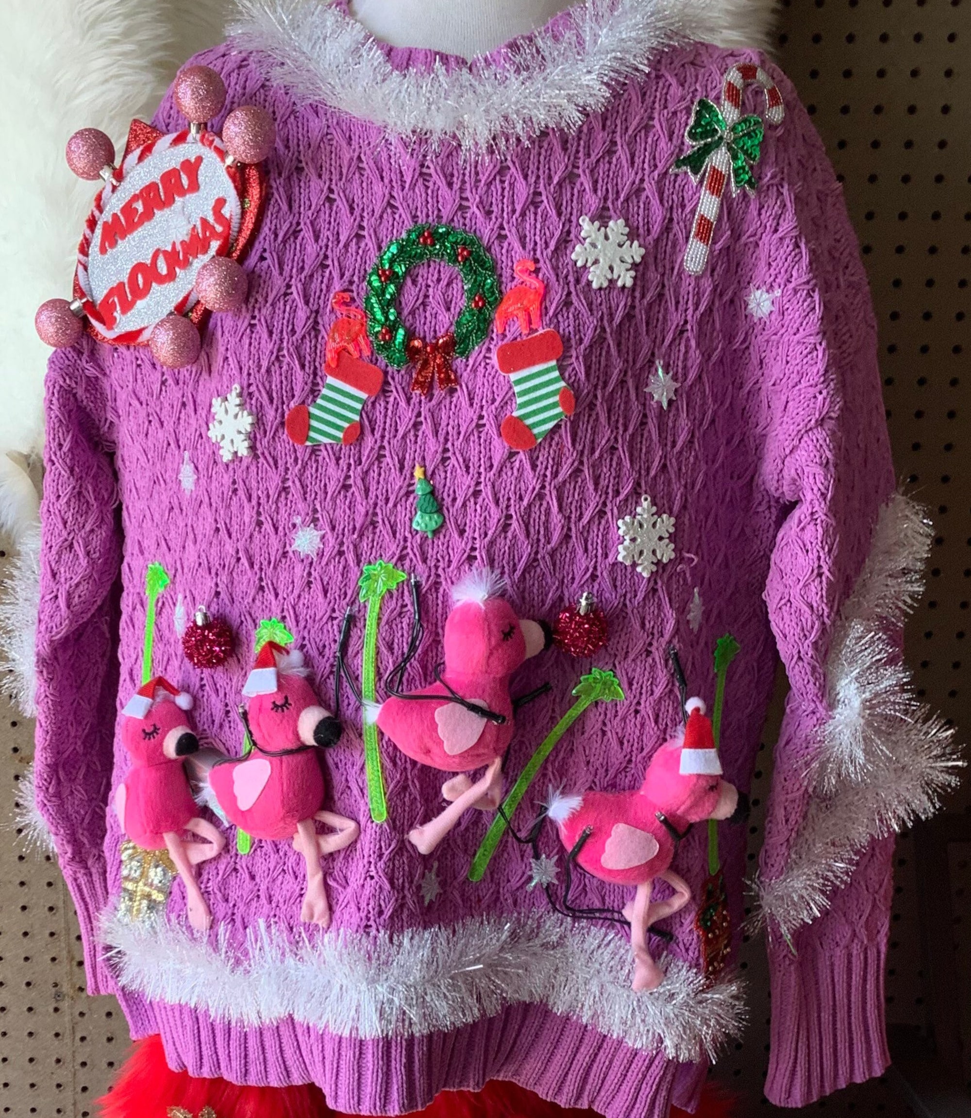 Merry Flockmas Flamingo Ugly Christmas Sweater: Tacky Light-Up Party