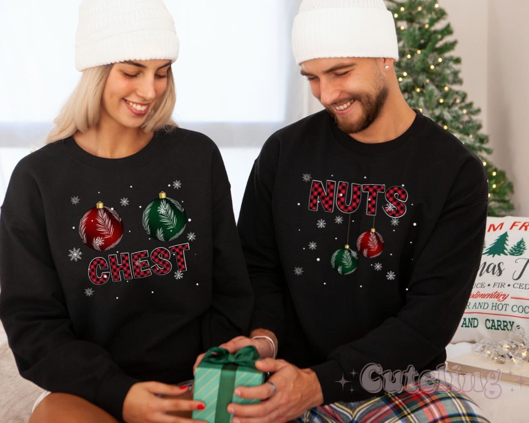 Ugly Christmas Sweater, Matching Couples Christmas Shirts, Chest Nuts Christmas Party Sweatshirt, Funny Christmas Humor, Holiday Pajamas