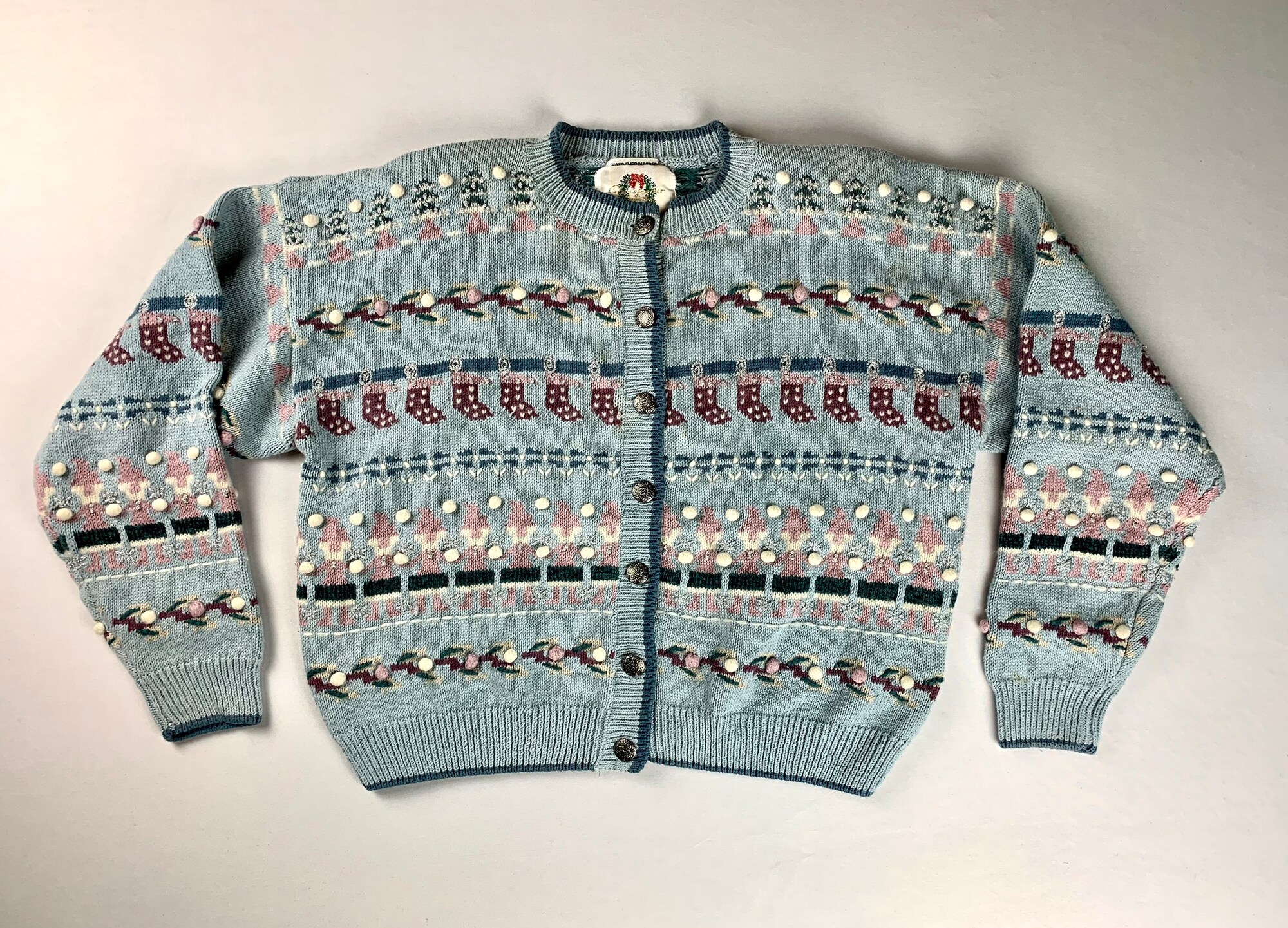 Vintage 80s Novelty Ugly Christmas Sweater Elves Stockings Oversized Size L