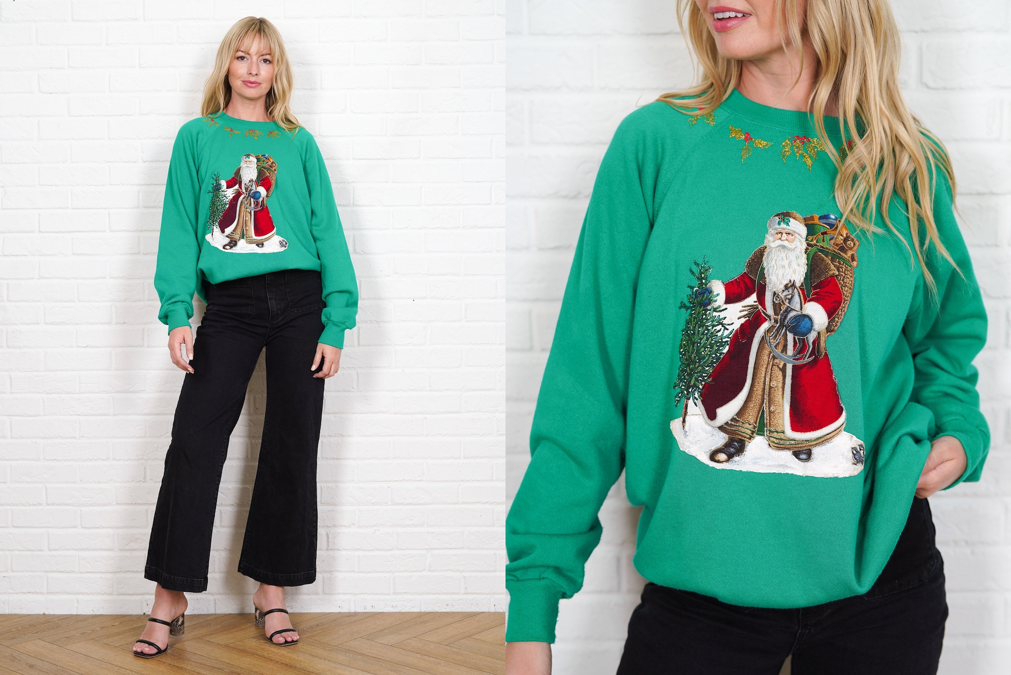 80s Santa Clause Sweater Vintage Fleece Saint Nick Christmas Holly Metallic Oversize S M L
