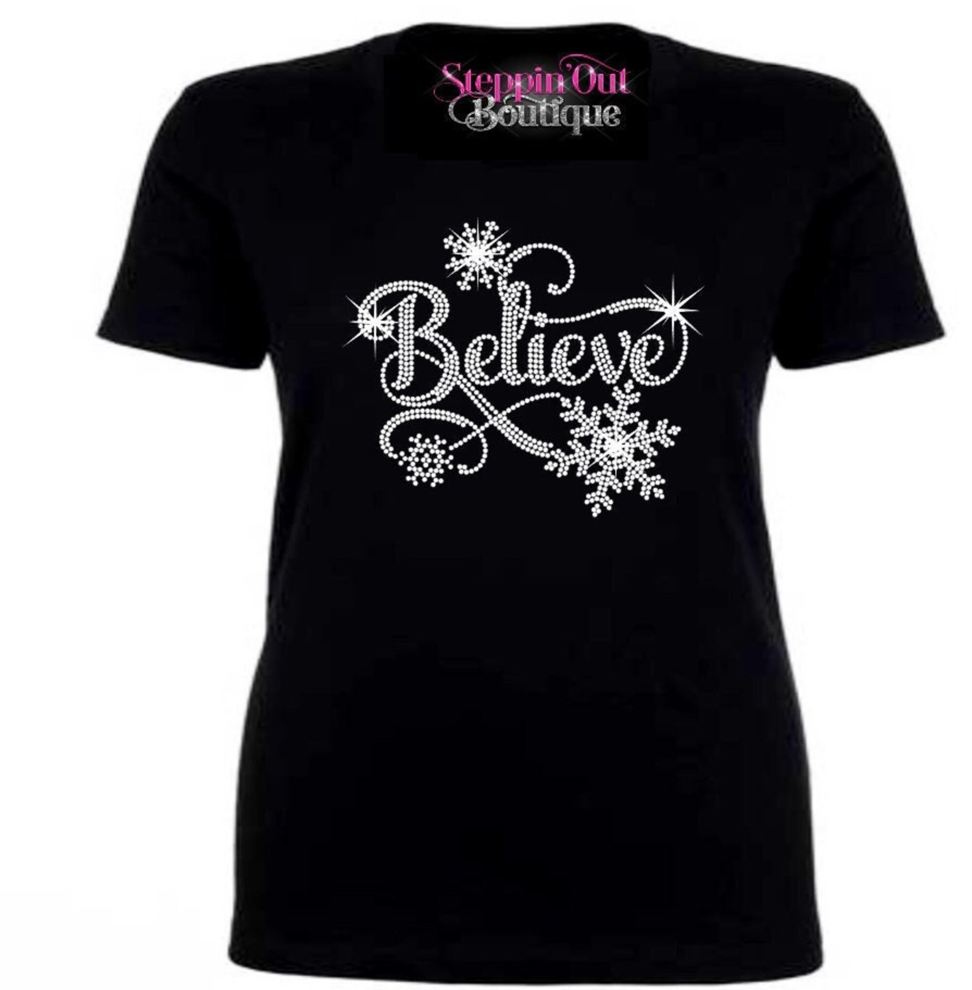 Believe Rhinestone Bling Shirt, Believe Christmas Shirt, Snowflake Winter Bling Shirt, Womens Christmas T Shirt, Holiday Bling Tee