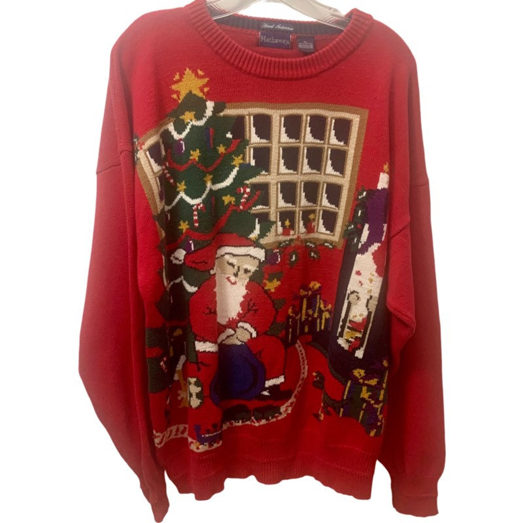 il_2000xN.4422780819_6exd.jpg Vintage 80’s Hathaway Christmas Santa Claus Hand Intarsia Unisex Men’s Long Sleeve Pullover Christmas Sweater Party