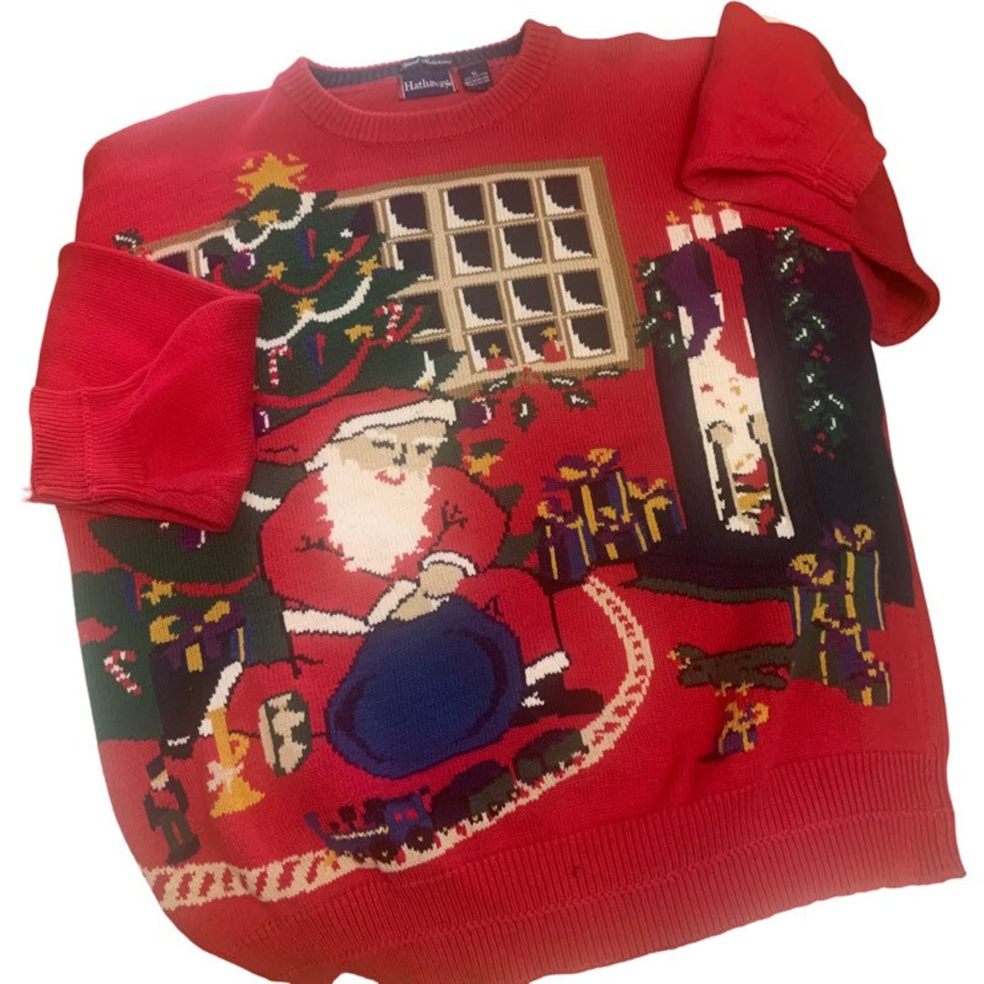 Vintage 80’s Hathaway Christmas Santa Claus Hand Intarsia Unisex Men’s Long Sleeve Pullover Christmas  Sweater Party