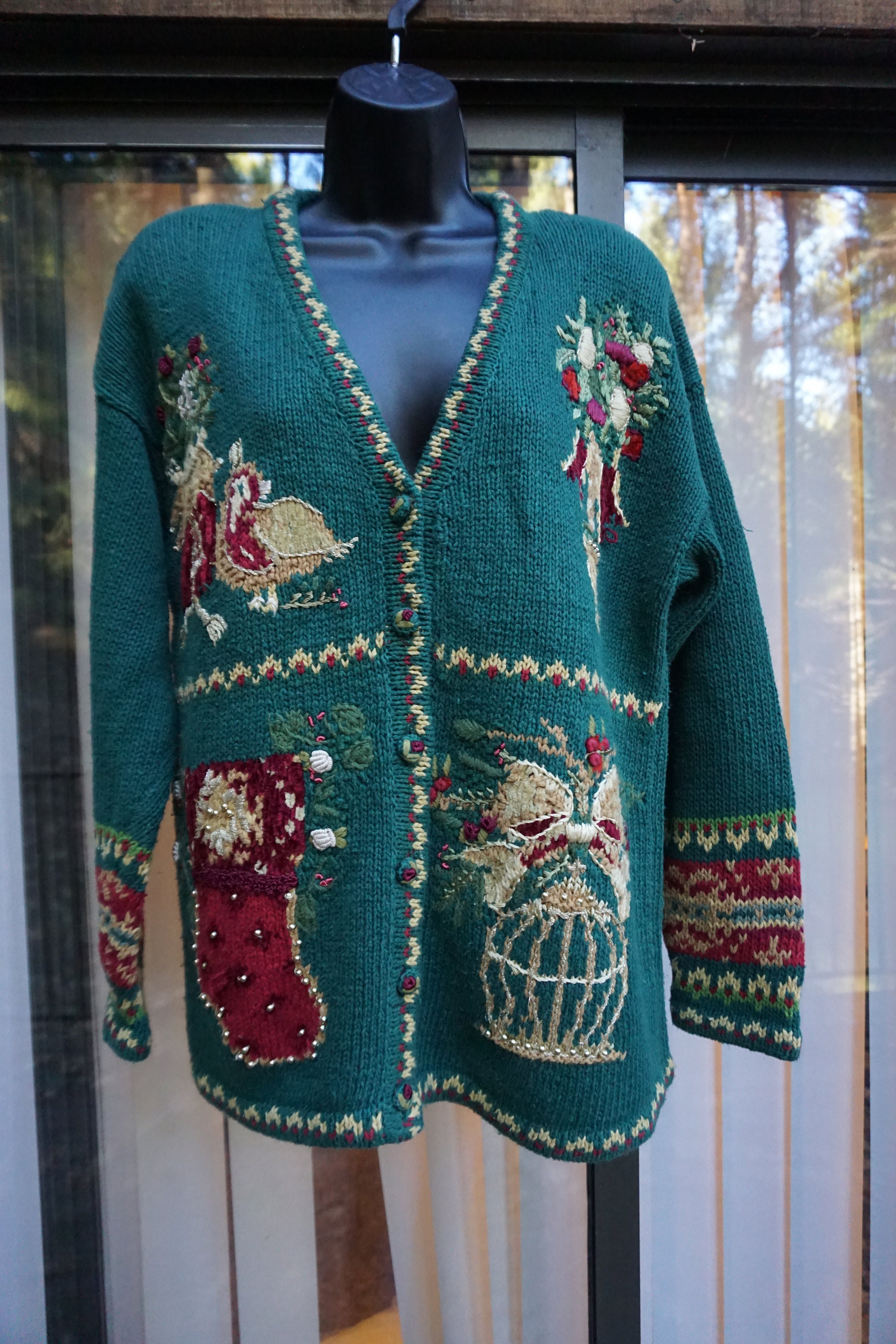 Vintage Christmas knit sweater medium green teddy bear 1990s Christmas