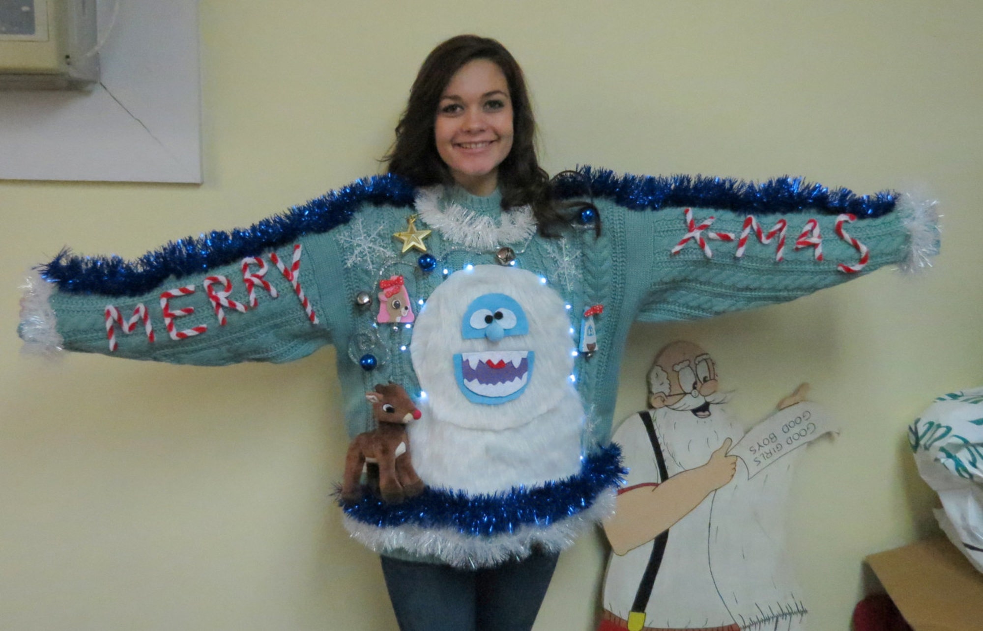 Custom 3-D Furry Fuzzy Furry The Abominable  Snowman & Reindeer Tacky Ugly Christmas Sweater