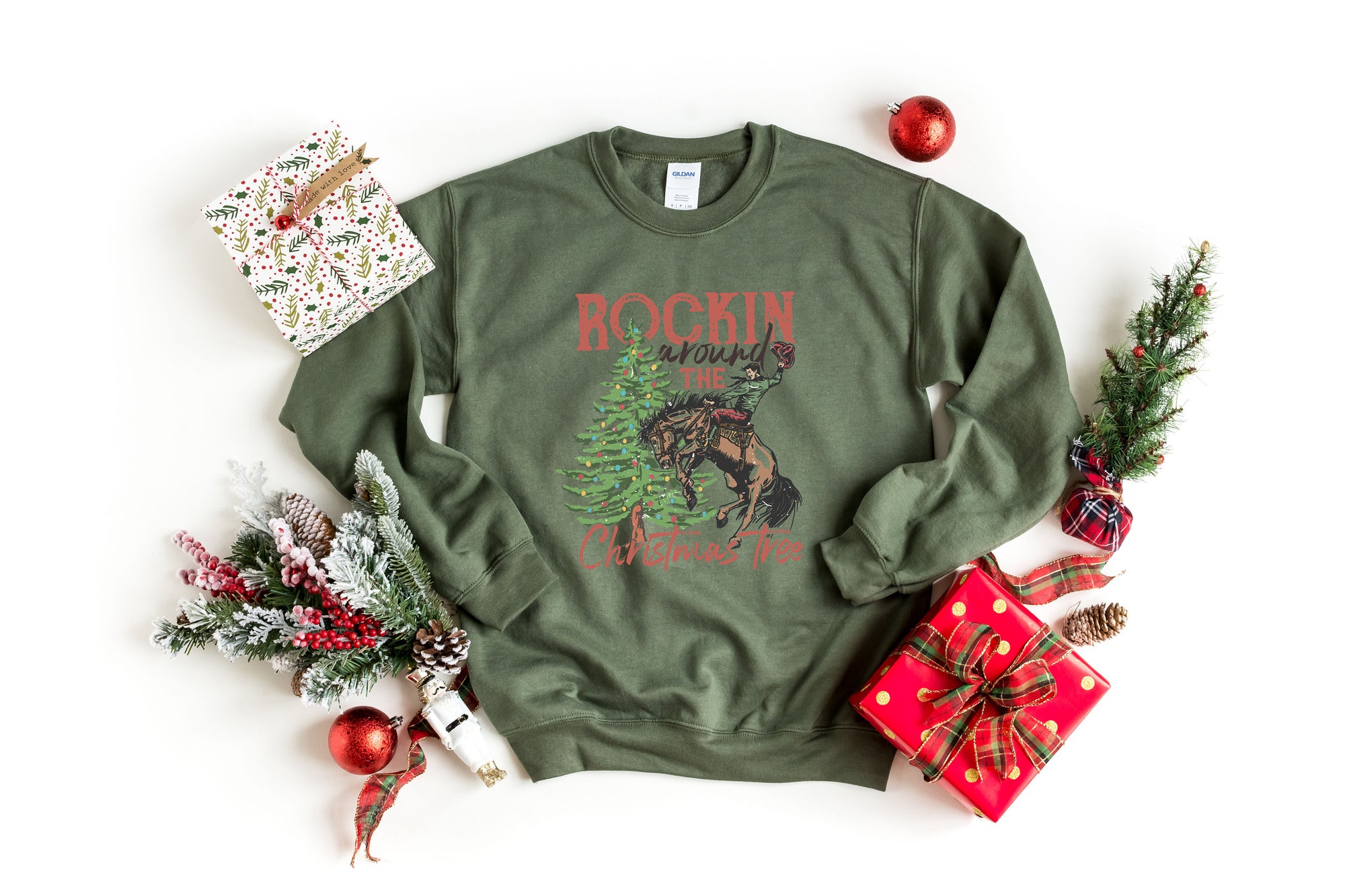il_2000xN.5203482651_1vkt.jpg Rocking Around The Christmas Tree Sweatshirt,Retro Christmas Western Shirt,Cowboy Christmas Shirt,Yee Haw Howdy Christmas,Women's Christmas