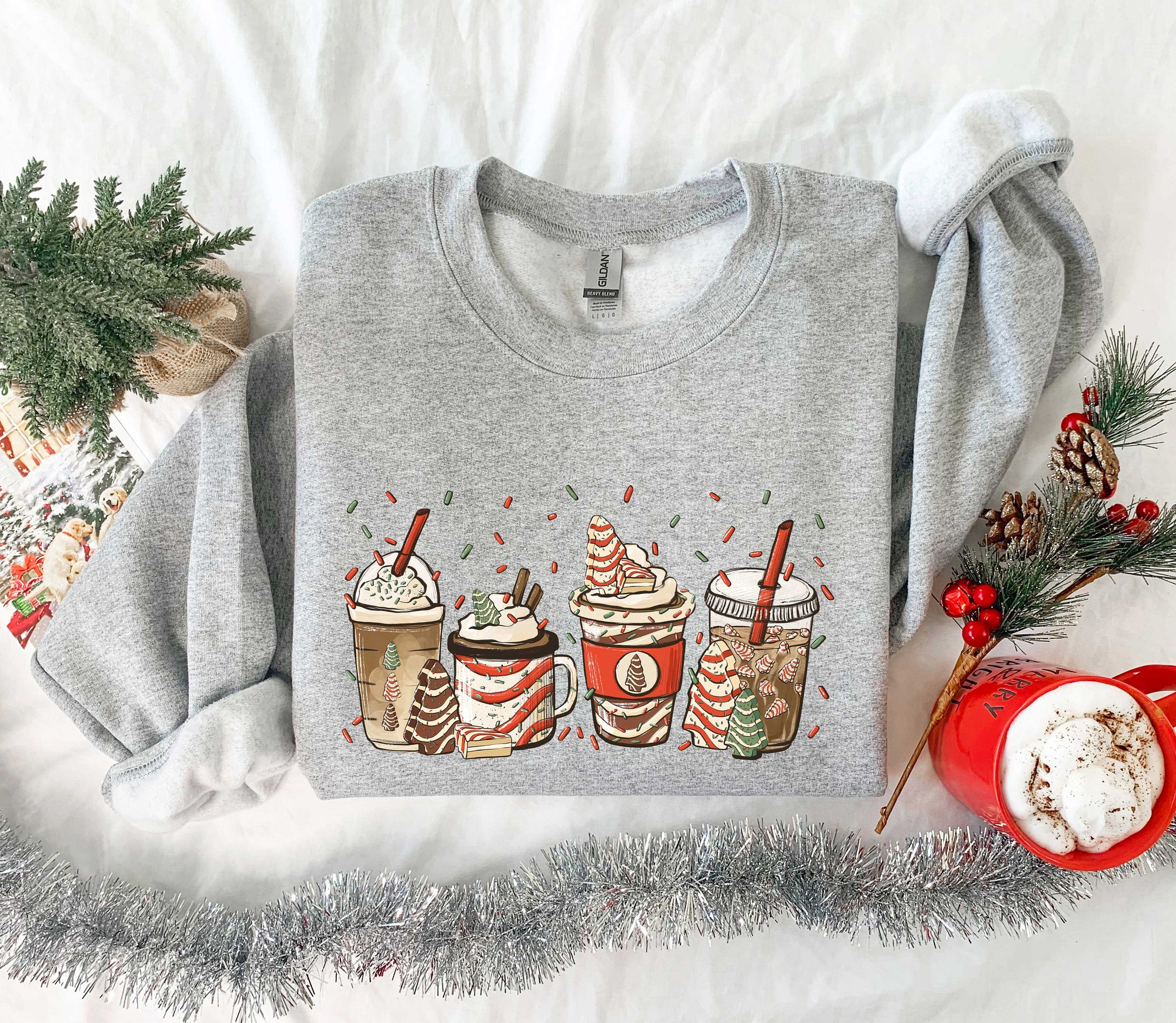 il_2000xN.5238024654_blm6-1.jpg Christmas Tree Cake Coffee, Christmas Coffee Lover Sweatshirt, Women Sweatshirt, Gift For Women, Peppermint Iced Latte Sweatshirt