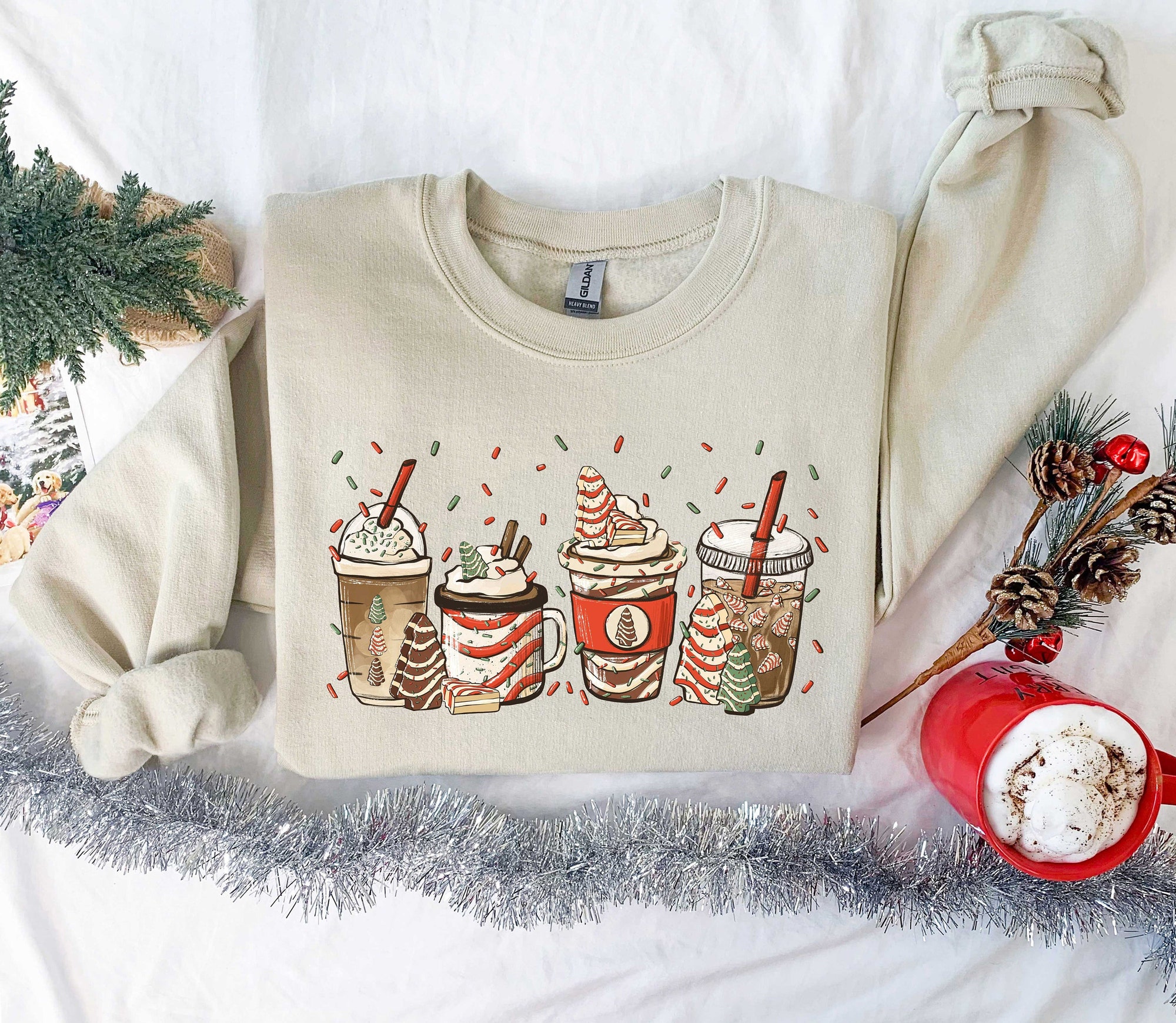 Christmas Tree Cake Coffee, Christmas Coffee Lover Sweatshirt, Women Sweatshirt, Gift For Women, Peppermint Iced Latte Sweatshirt