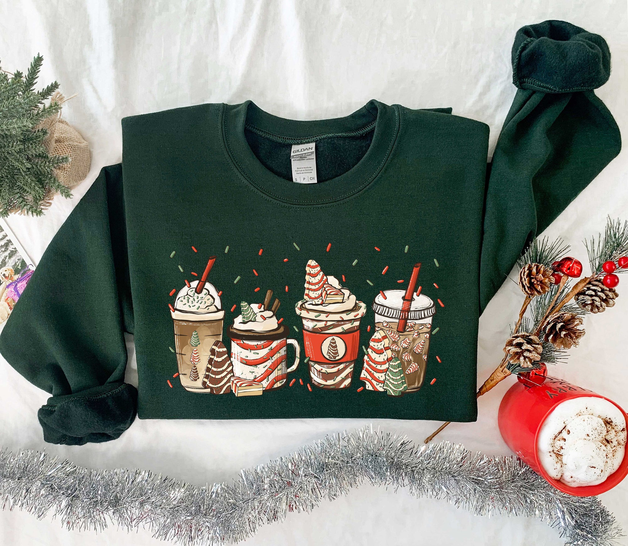 il_2000xN.5286214409_aupb-1.jpg Christmas Tree Cake Coffee, Christmas Coffee Lover Sweatshirt, Women Sweatshirt, Gift For Women, Peppermint Iced Latte Sweatshirt