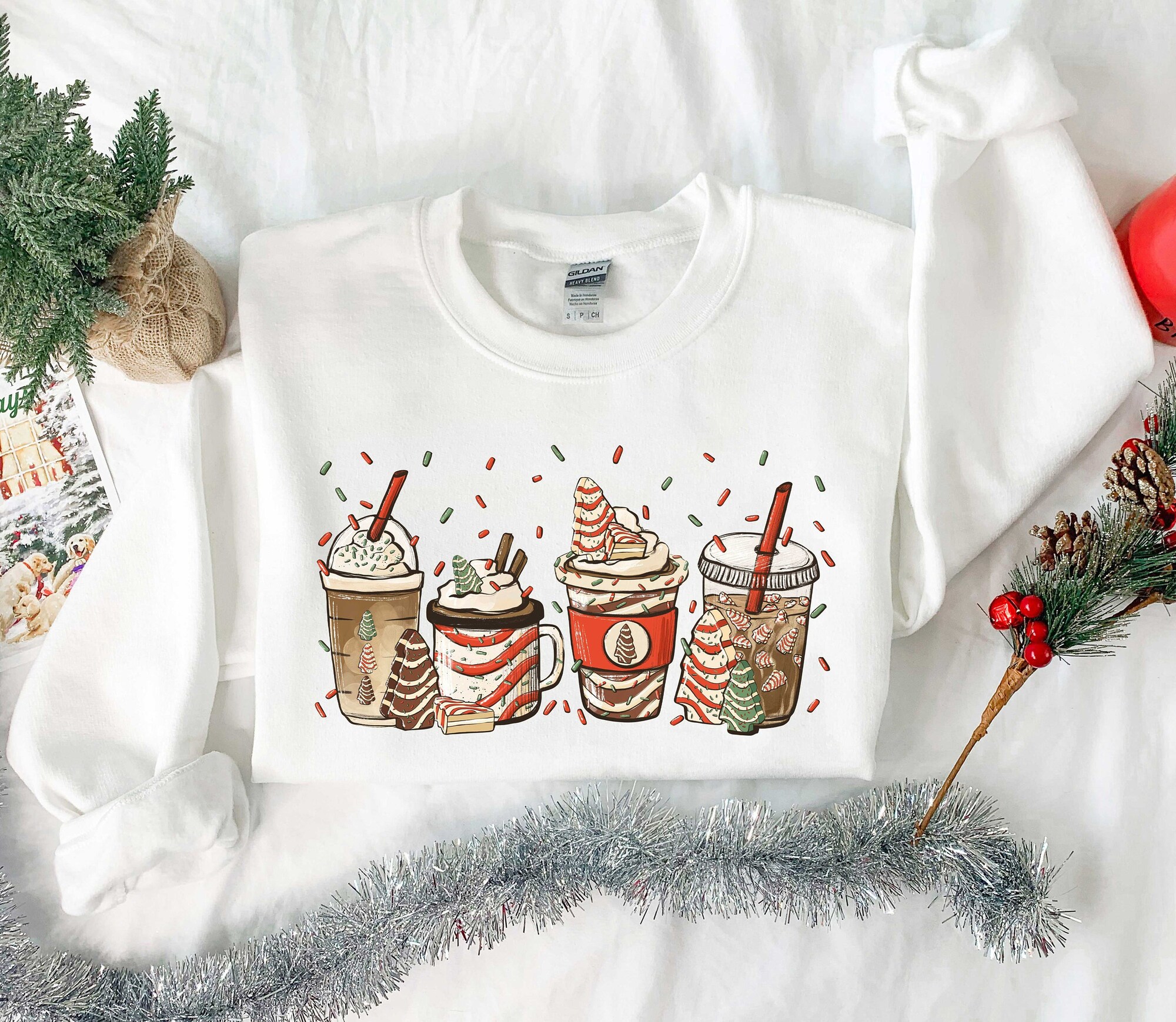 il_2000xN.5286216271_37de-1.jpg Christmas Tree Cake Coffee, Christmas Coffee Lover Sweatshirt, Women Sweatshirt, Gift For Women, Peppermint Iced Latte Sweatshirt