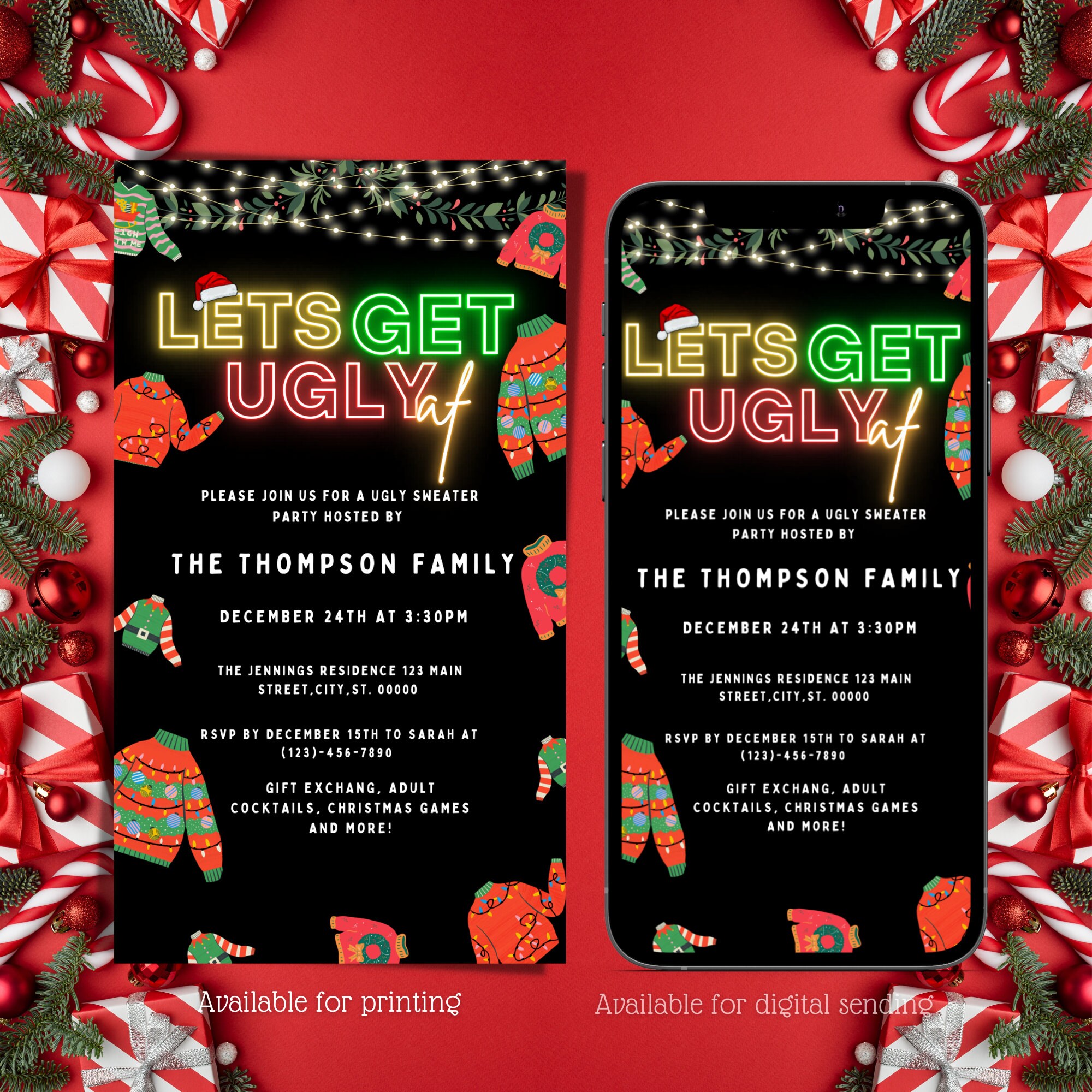 Electronic Ugly Sweater Party Invitation, Digital Tacky Christmas Party Phone Text Message Evite, Editable Invitation, Instant Download