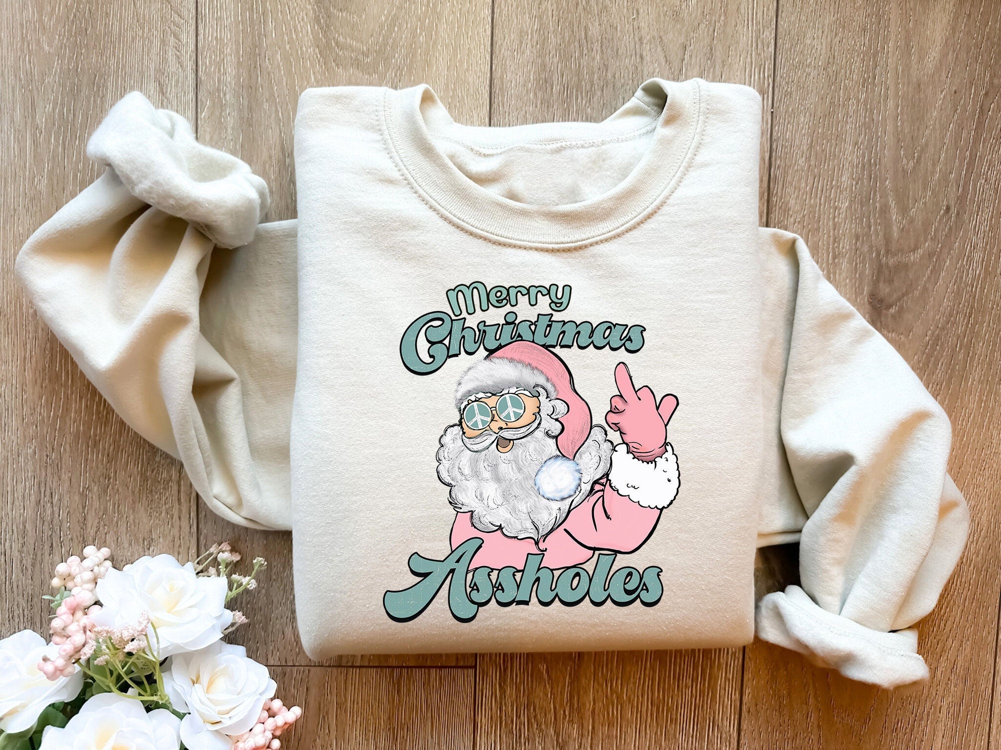 Merry Christmas Assholes Funny Santa Shirt,Funny Santa Sweatshirt,Holiday Season Hoodie,Christmas Santa T-Shirt,Pink Santa Shirt,Xmas Gifts