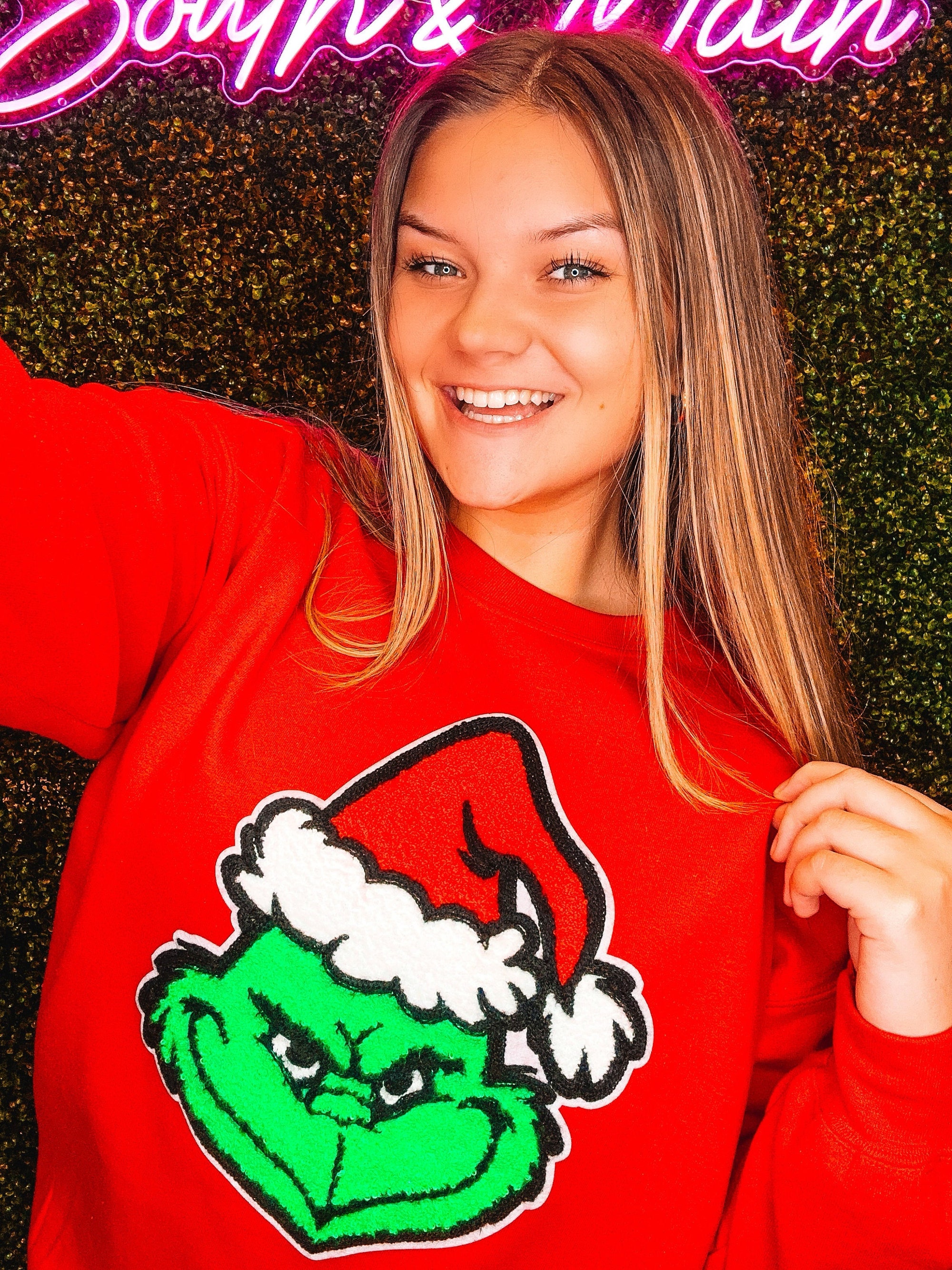 Green Grinch Chenille Sweatshirt – Red