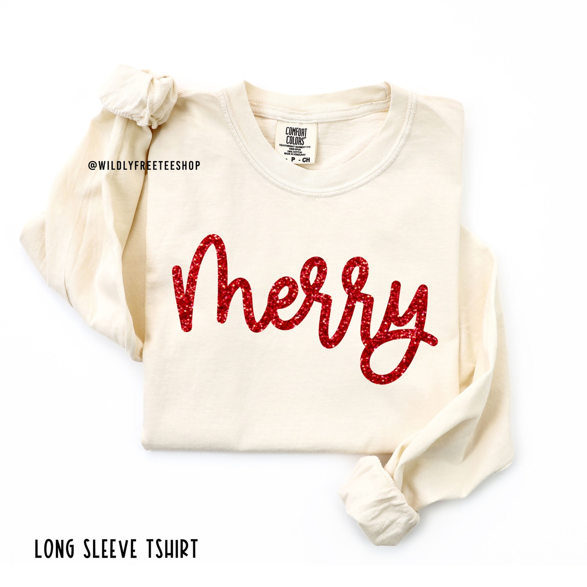 Sparkly Glitter Merry Christmas Shirt: Long Sleeve Comfort Colors® Holiday T-Shirt