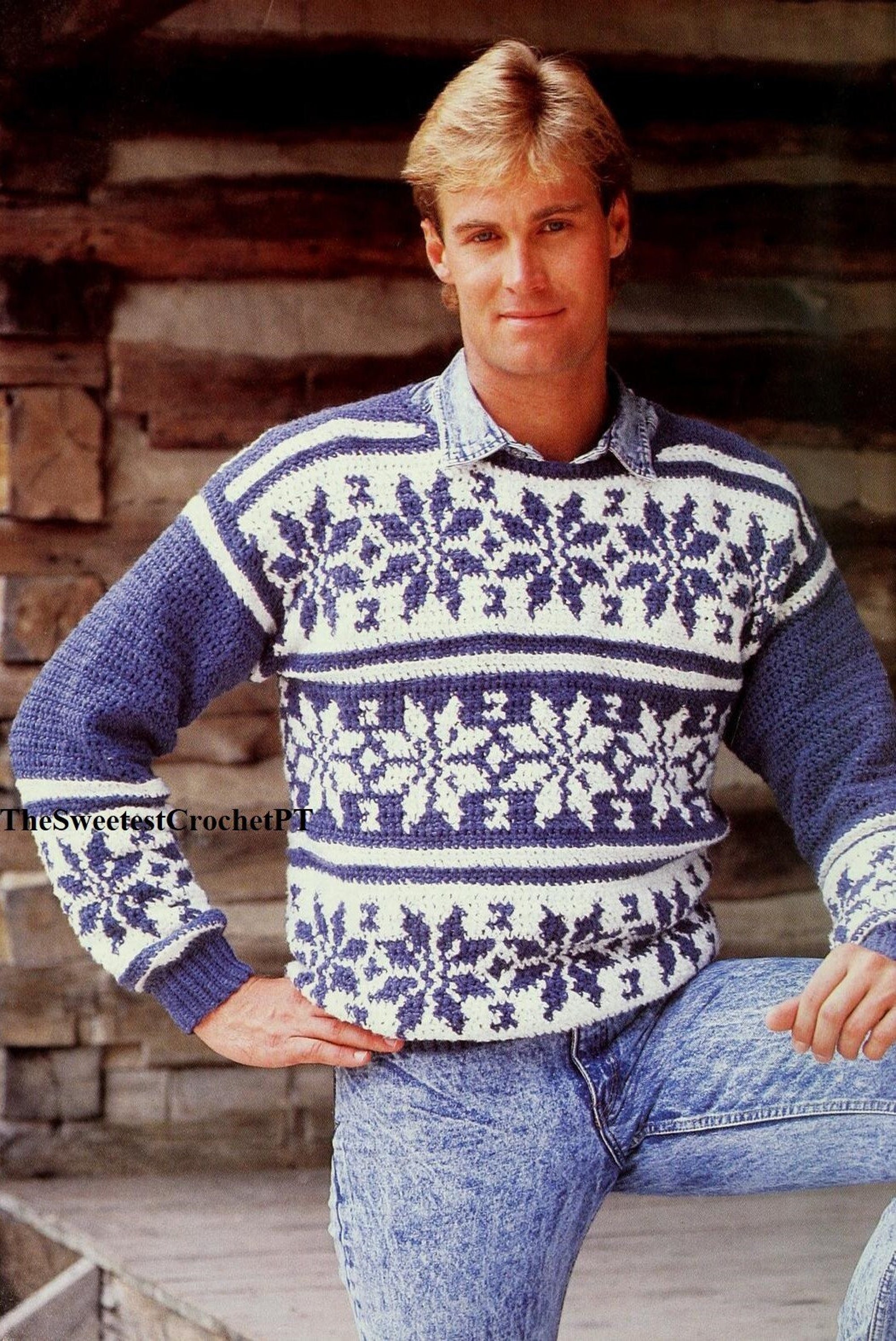 Mens Christmas sweater crochet pattern Snowflakes sweater 4 Sizes Sport yarn Instant Download PDF