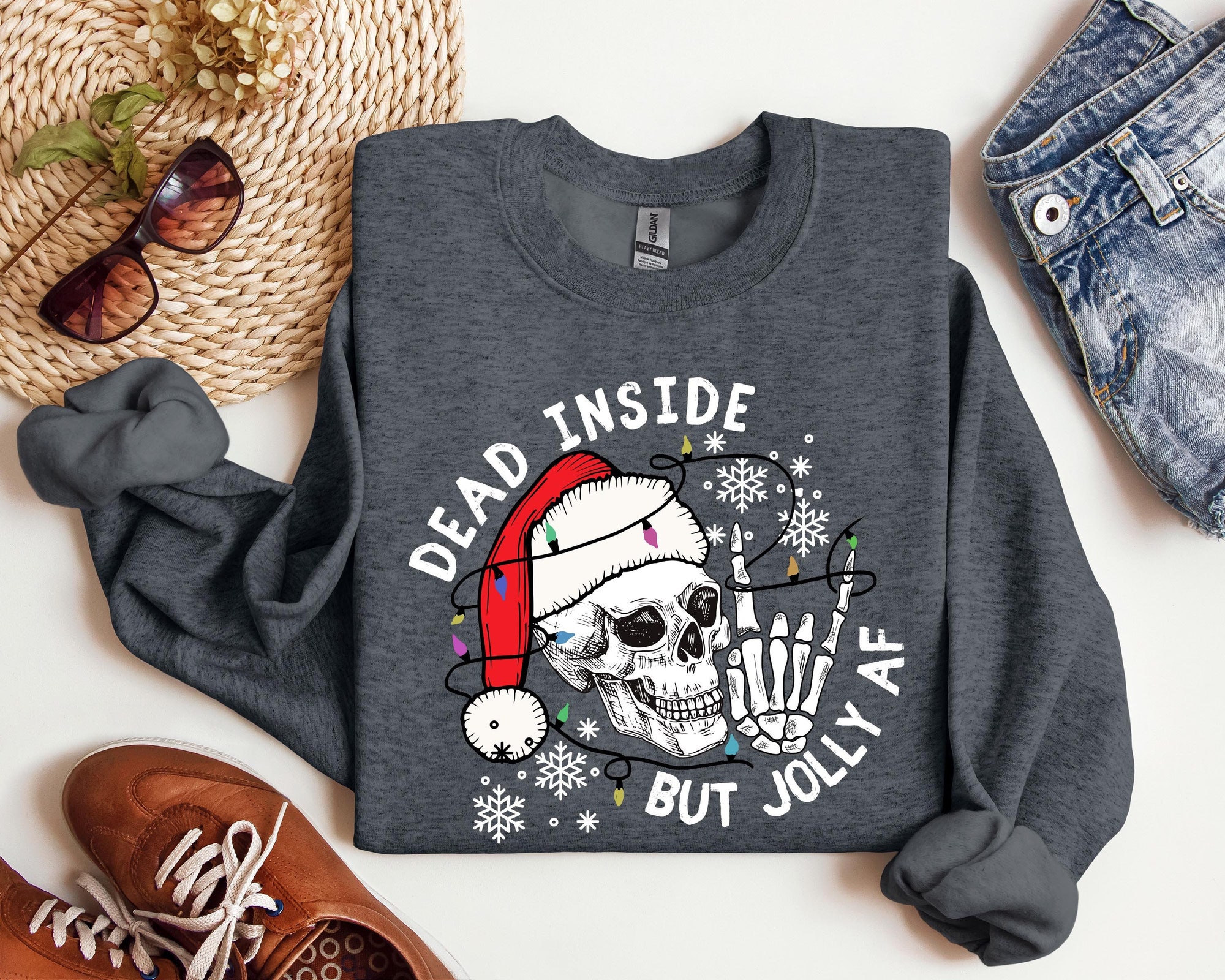 Dead Inside But Jolly AF Sweatshirt,Christmas Skeleton Shirt,Christmas Gift,Dead Inside Skeleton,Funny Christmas Tees,Christmas Holly Spirit