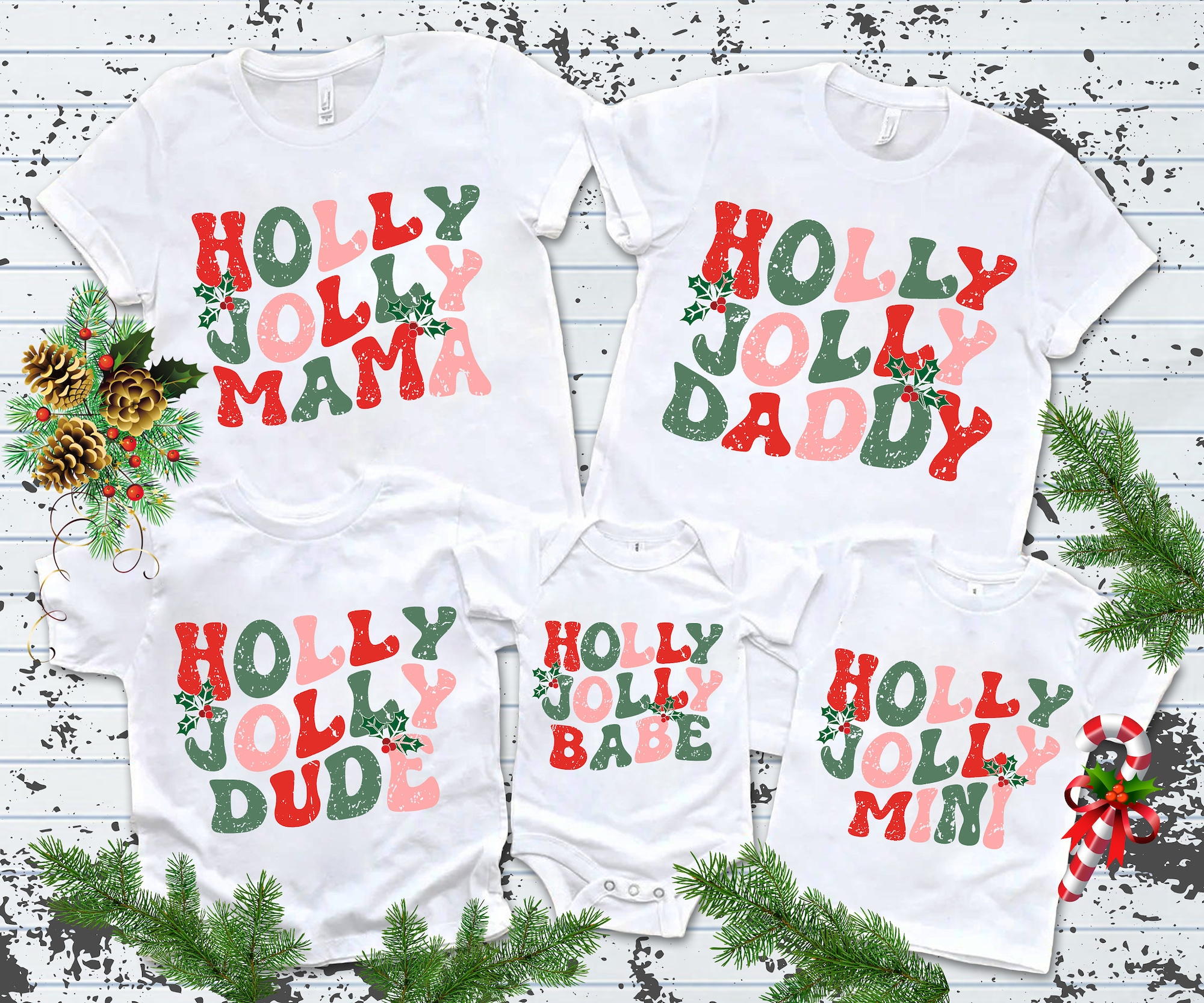 Christmas Matching Family Shirts, Christmas pajamas shirts, Retro Groovy Holly Jolly Mama Tee, Holiday Family Shirts, Christmas custom Tee 2