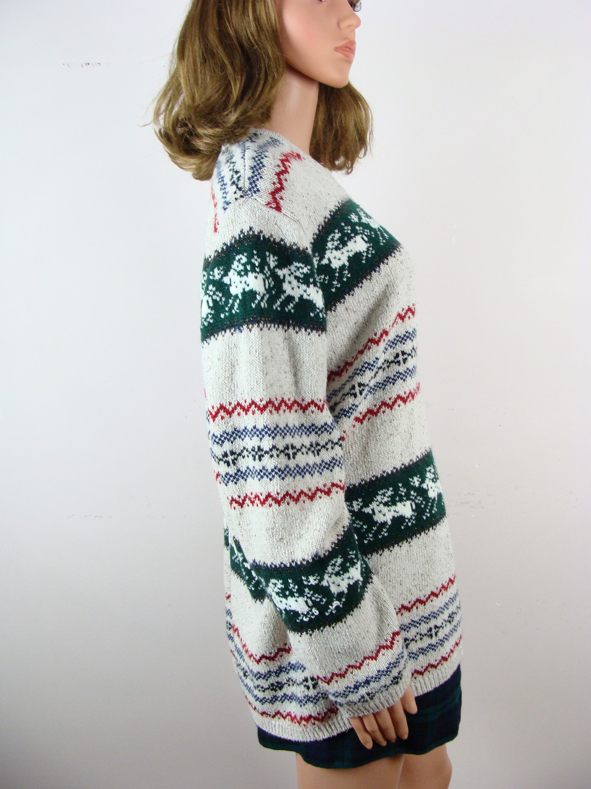 il_2000xN.5473735786_j9ul-1.jpg Vintage Christmas Sweater 90s Reindeer Fair Isle Oversized Cozy Knit Sweater V Neck Long Sleeve Russ Size XL 16 / 18