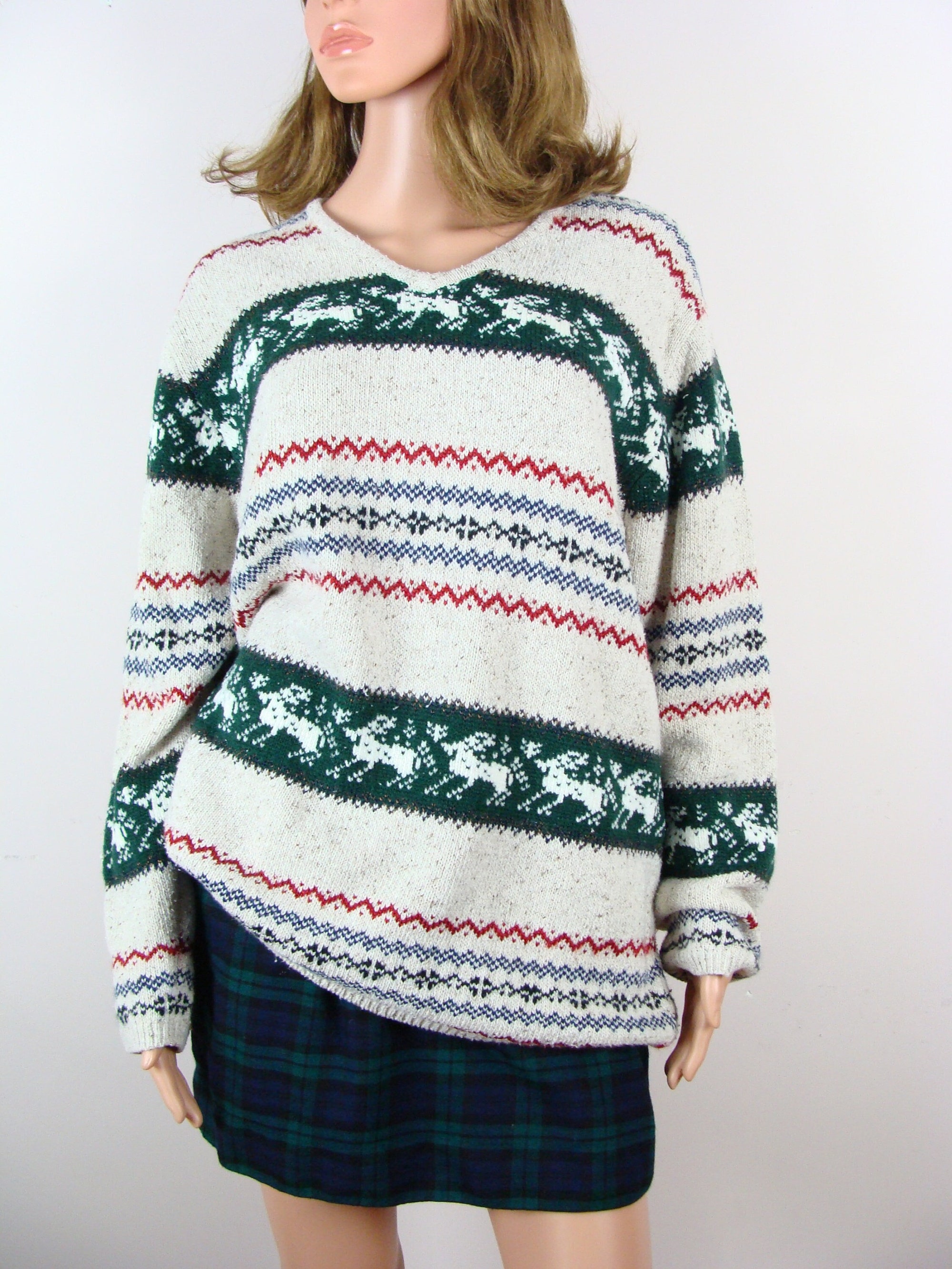 il_2000xN.5473746536_t0j2-1.jpg Vintage Christmas Sweater 90s Reindeer Fair Isle Oversized Cozy Knit Sweater V Neck Long Sleeve Russ Size XL 16 / 18