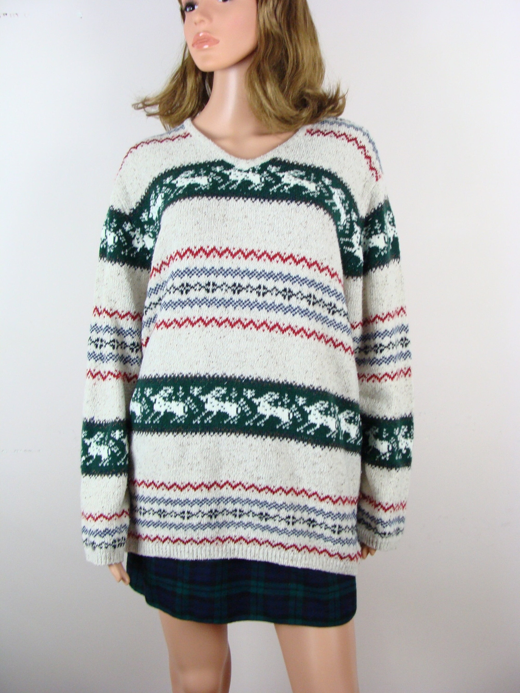Vintage Christmas Sweater 90s Reindeer Fair Isle Oversized Cozy Knit Sweater V Neck Long Sleeve Russ Size XL 16 / 18