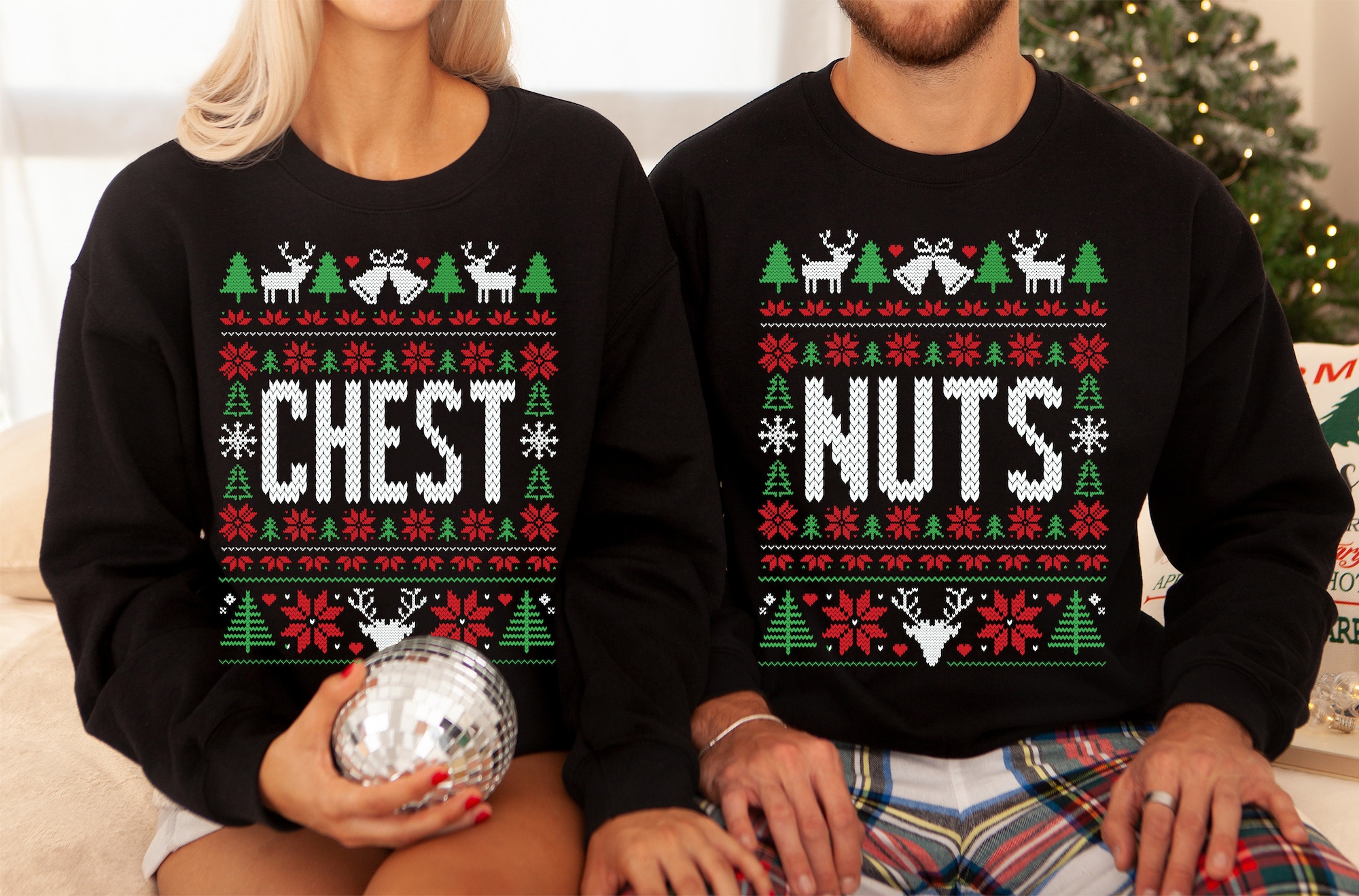 Chest Nuts, Funny Ugly Christmas Sweater, Couple Matching Party OutfitChest