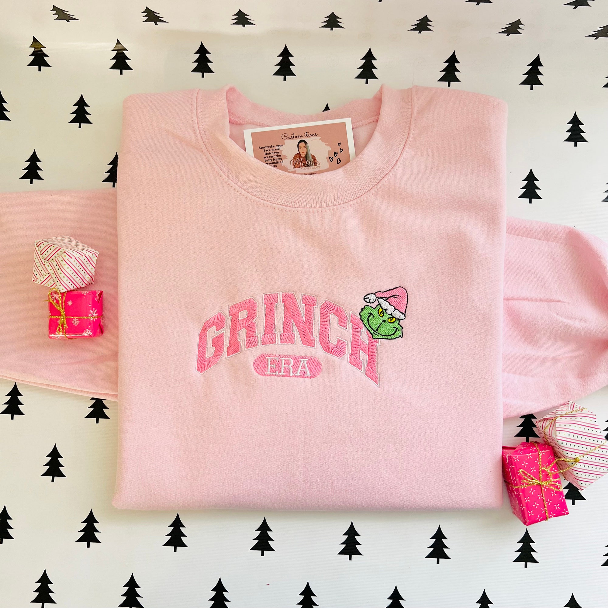 Pink Christmas sweatshirt, Grinch era , embroidered sweatshirt,