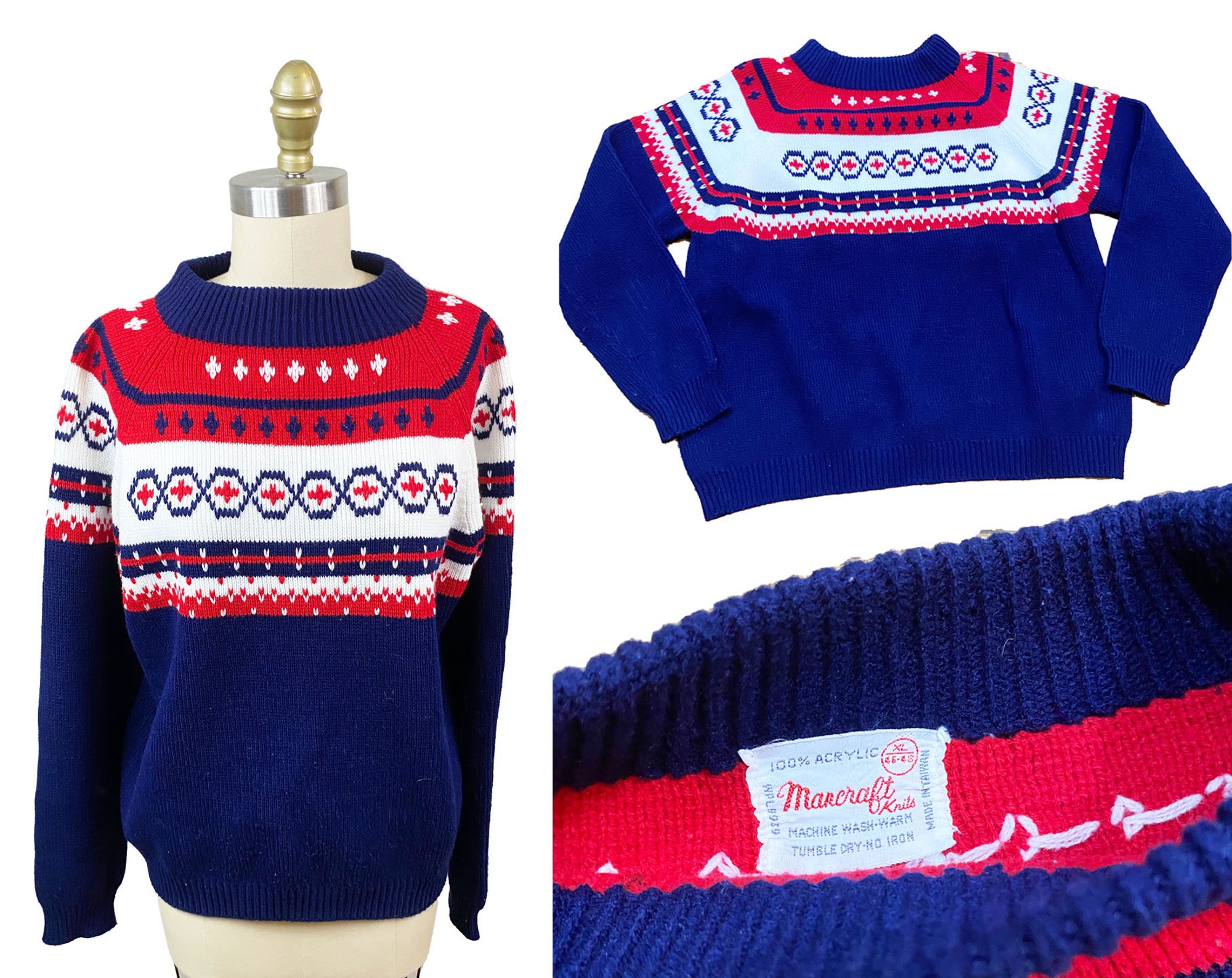 Vintage 1970s 1960s Mens Pullover Sweater – Navy Blue White Red Holiday Christmas Print Acrylic Knitwear Size: XL