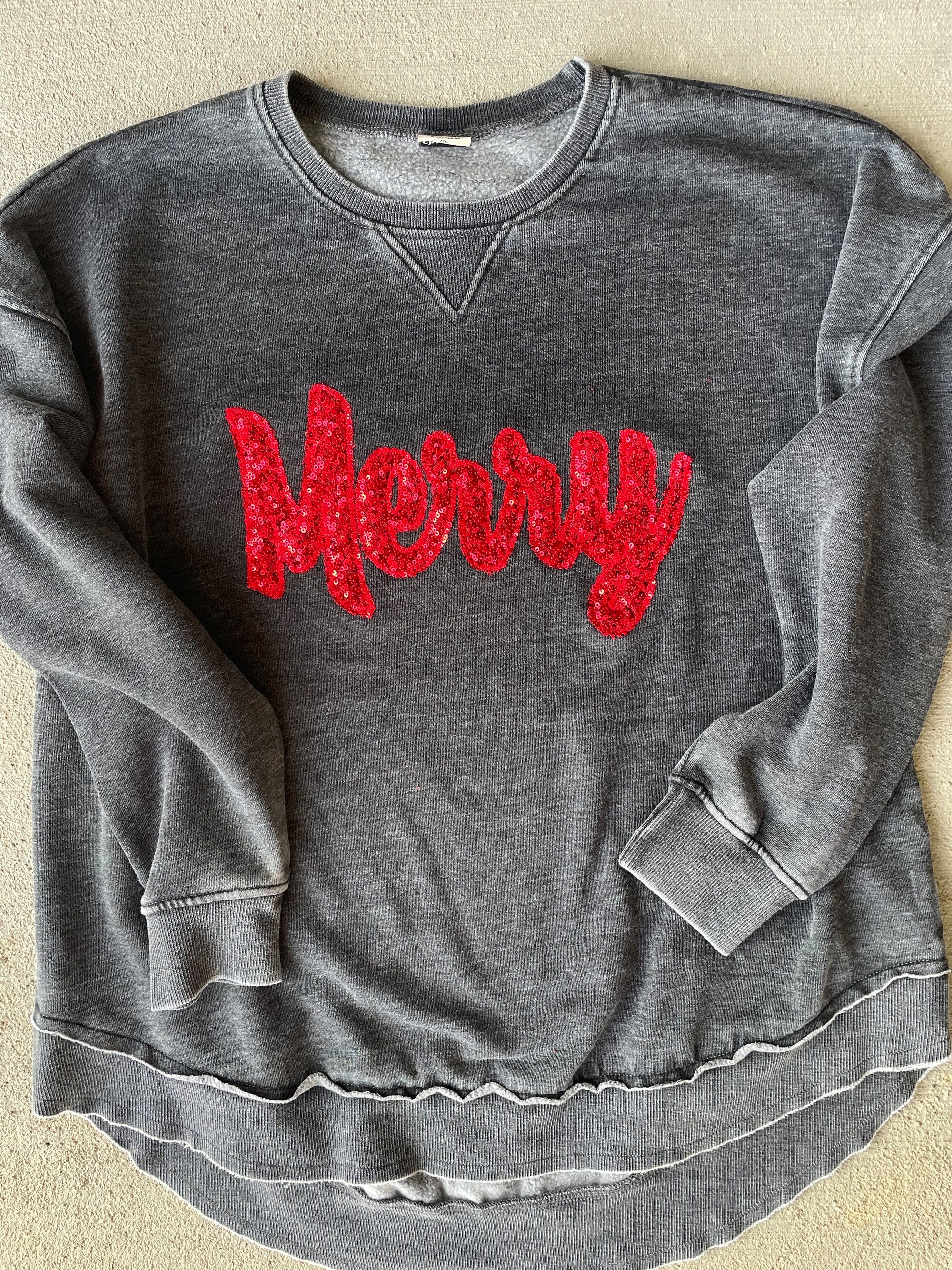 Merry Sweatshirt- Merry Christmas, Sequin, Womens, Applique, Christmas shirt, Christmas sweatshirt, Sparkle, Round hem sweatshirt, Cozy